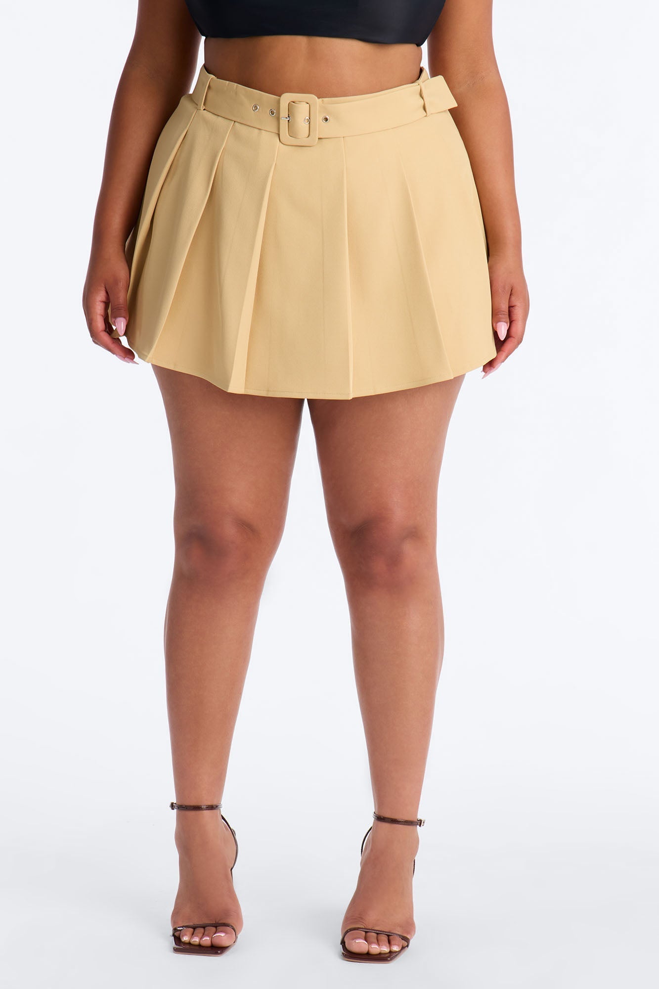 Walk the Talk Belted Pleated Mini Skirt - Khaki Fashion Nova