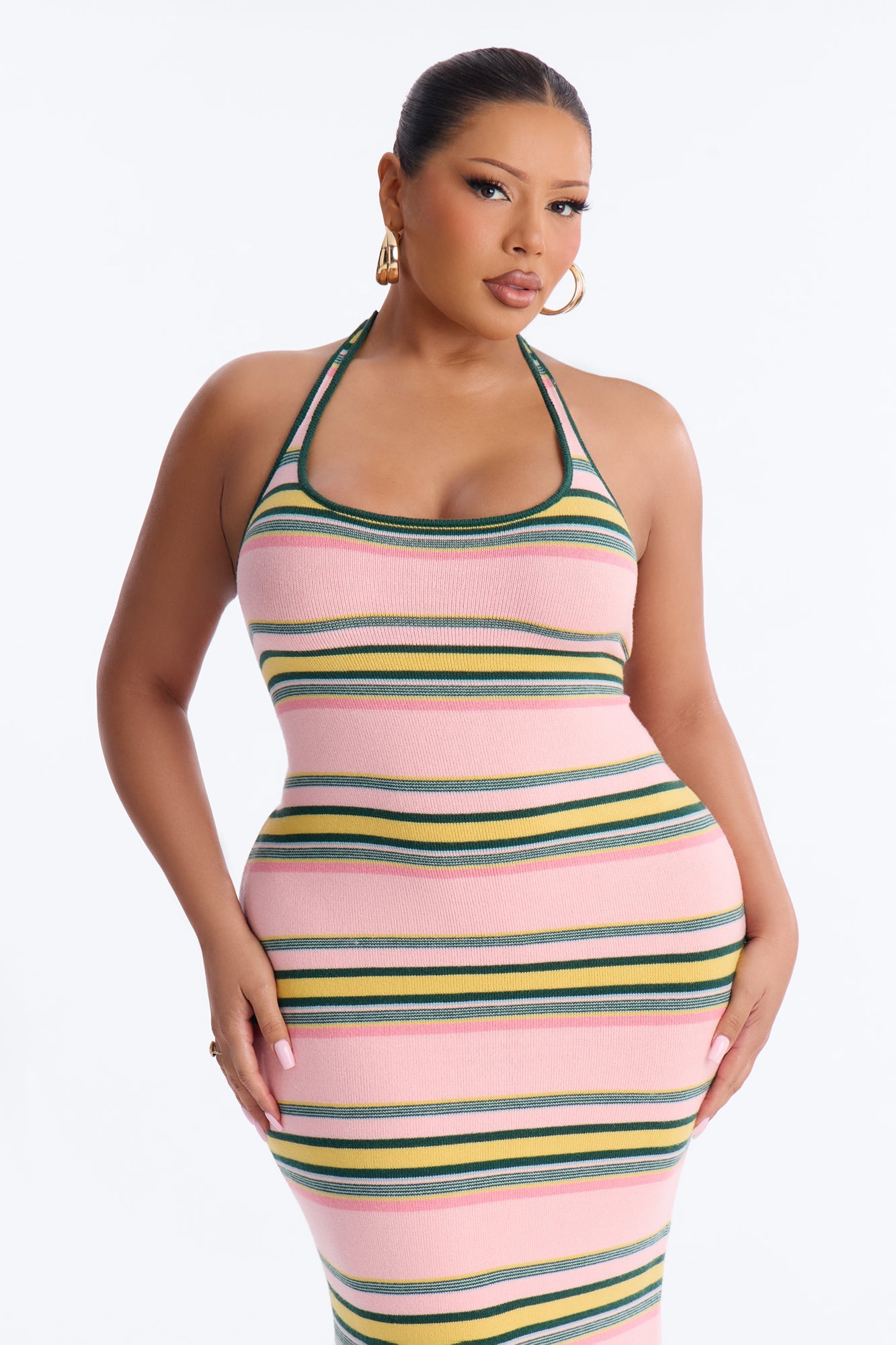 Bennie Halter Striped Sweater Maxi Dress - Pink/combo