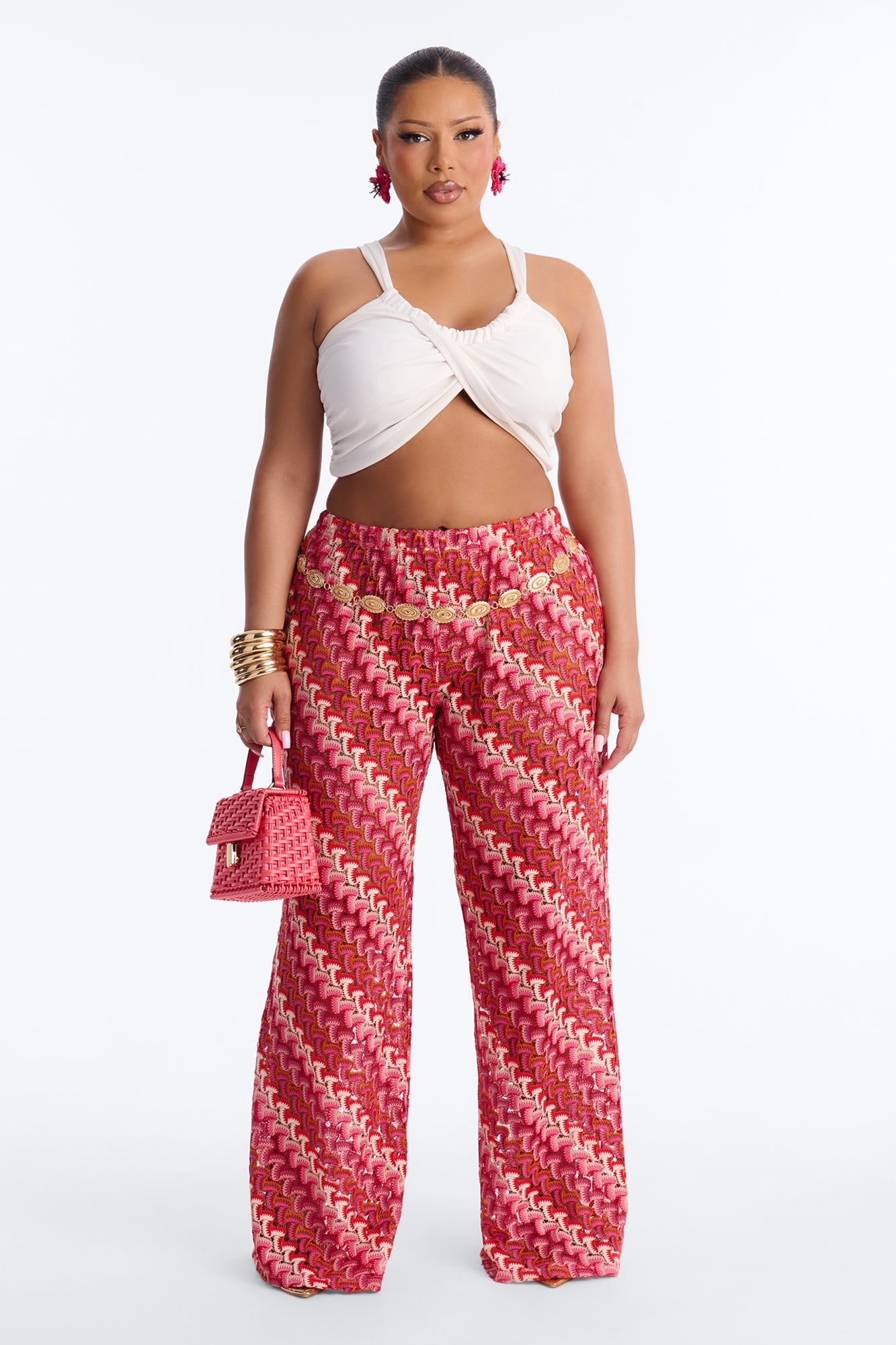 Sunset Seeker Low Rise Crochet Wide Leg Pant - Pink/combo