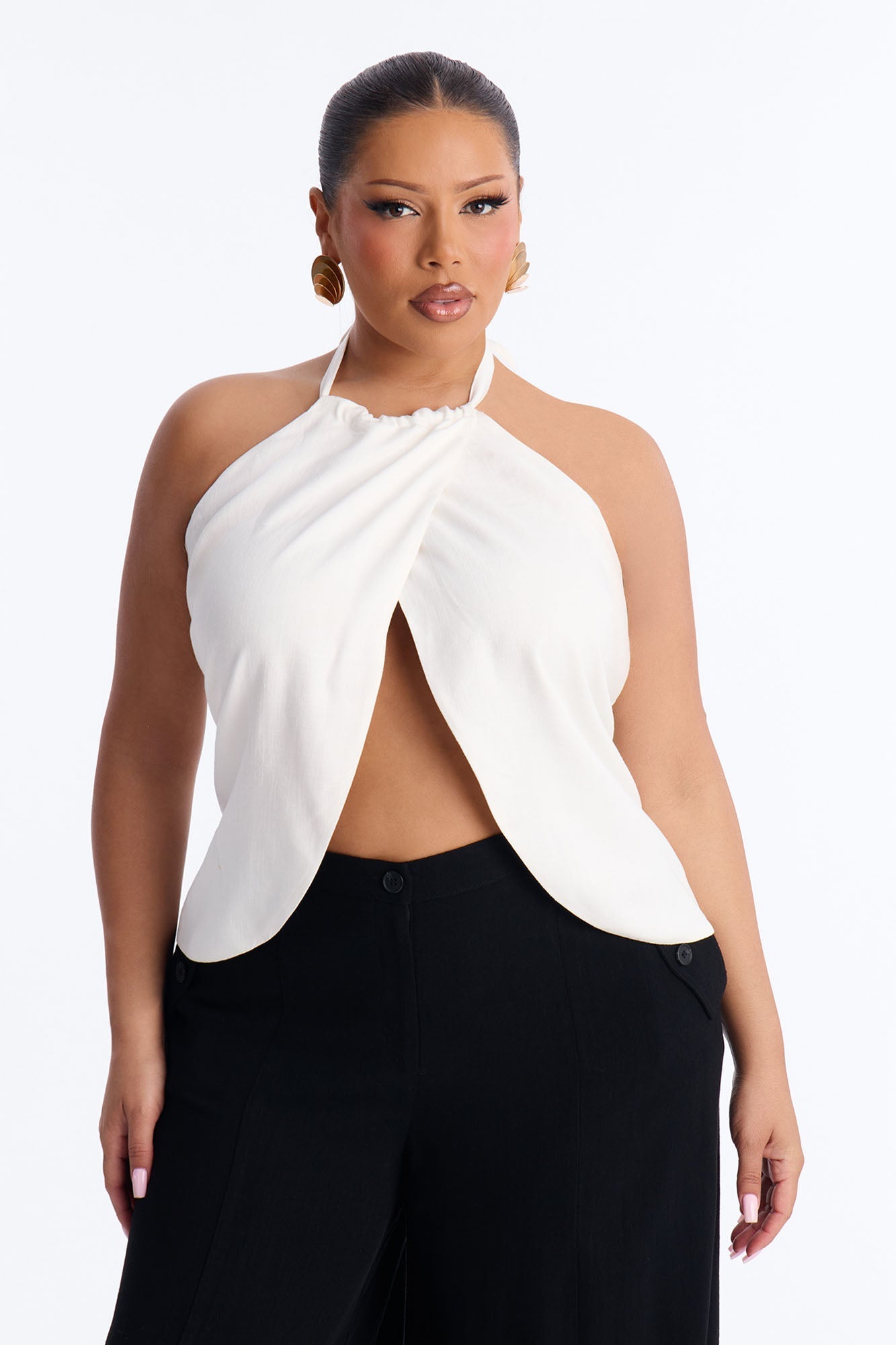 Snack First Wrap Over Linen Halter Top - White Fashion Nova