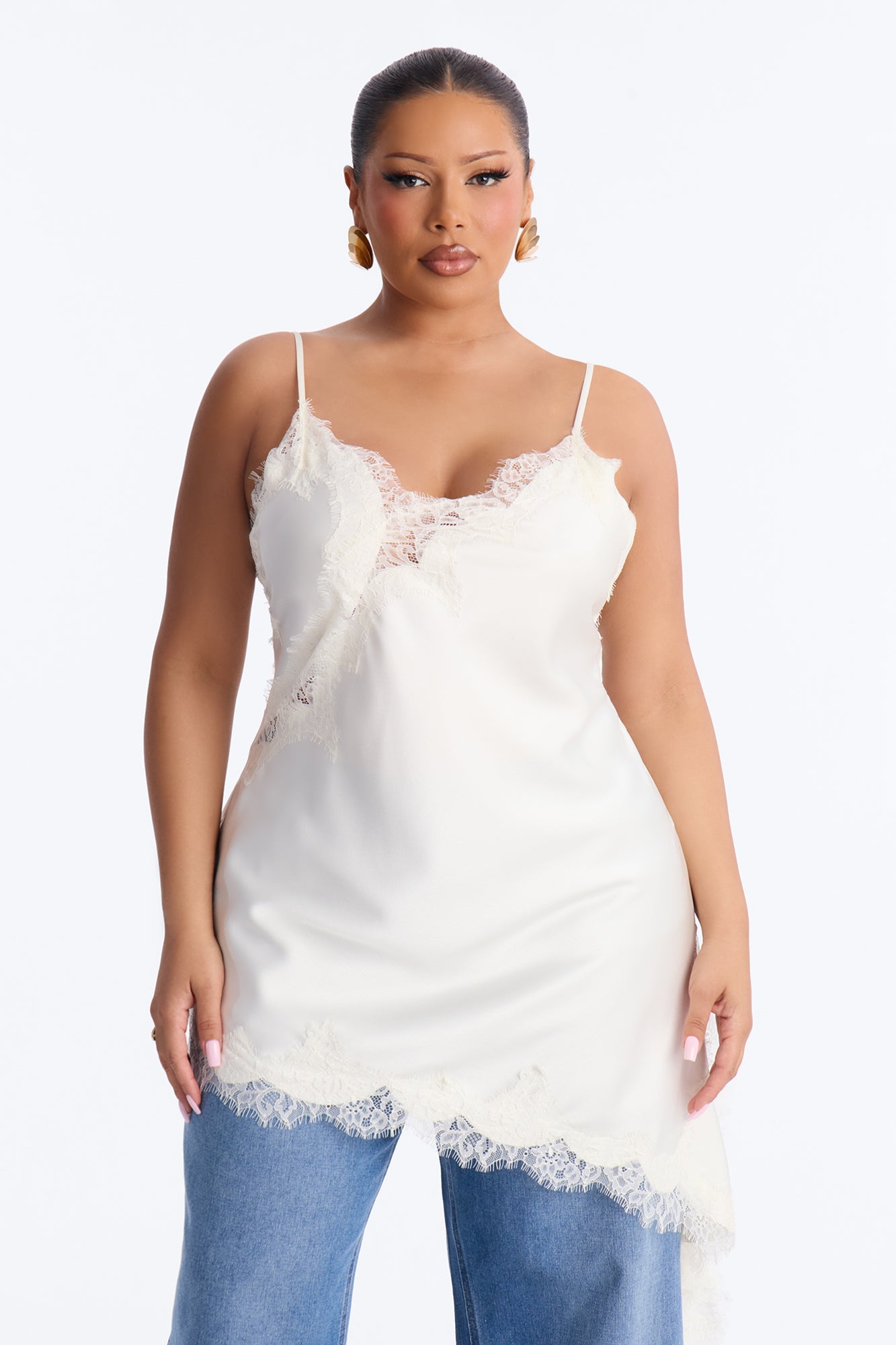 Taste Of Trouble Lace Trim Satin Top - Ivory