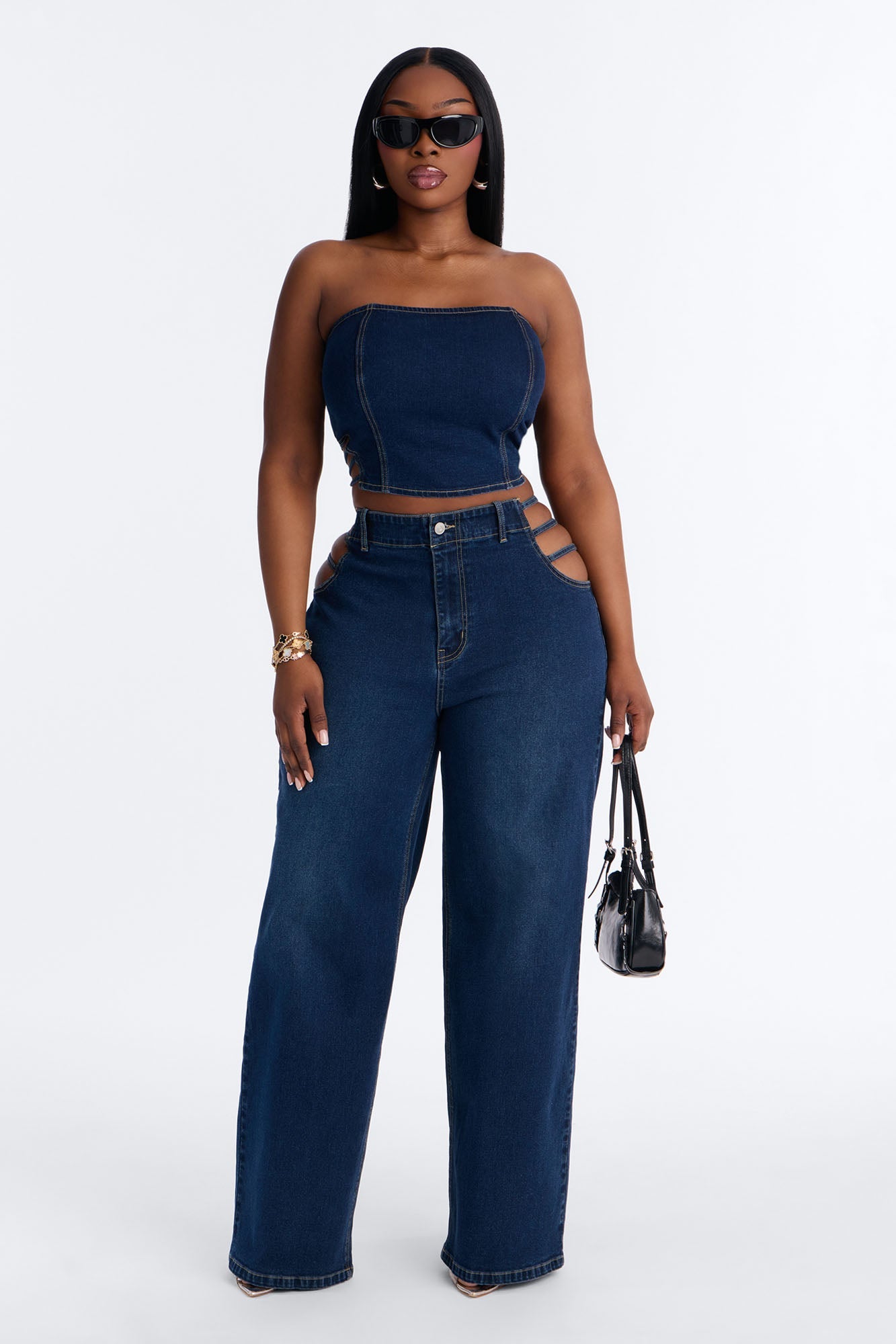 Arazia Denim Cut Out Pant Set - Dark Denim