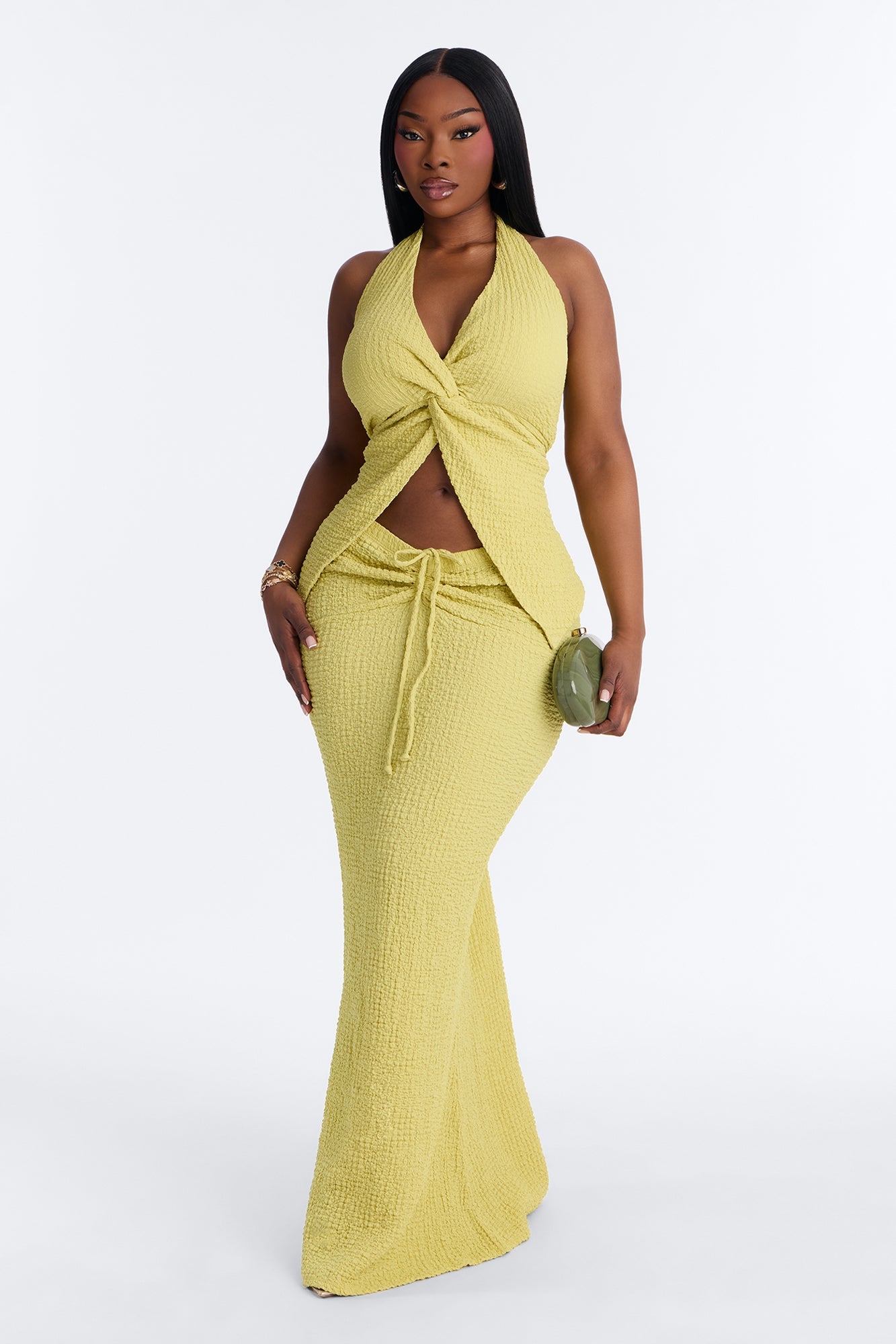Arielle Halter Textured Skirt Set - Chartreuse