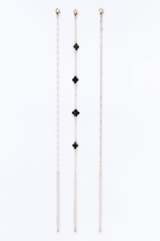 Clovers And Pearls 3 Piece Anklet Set - Gold/Black