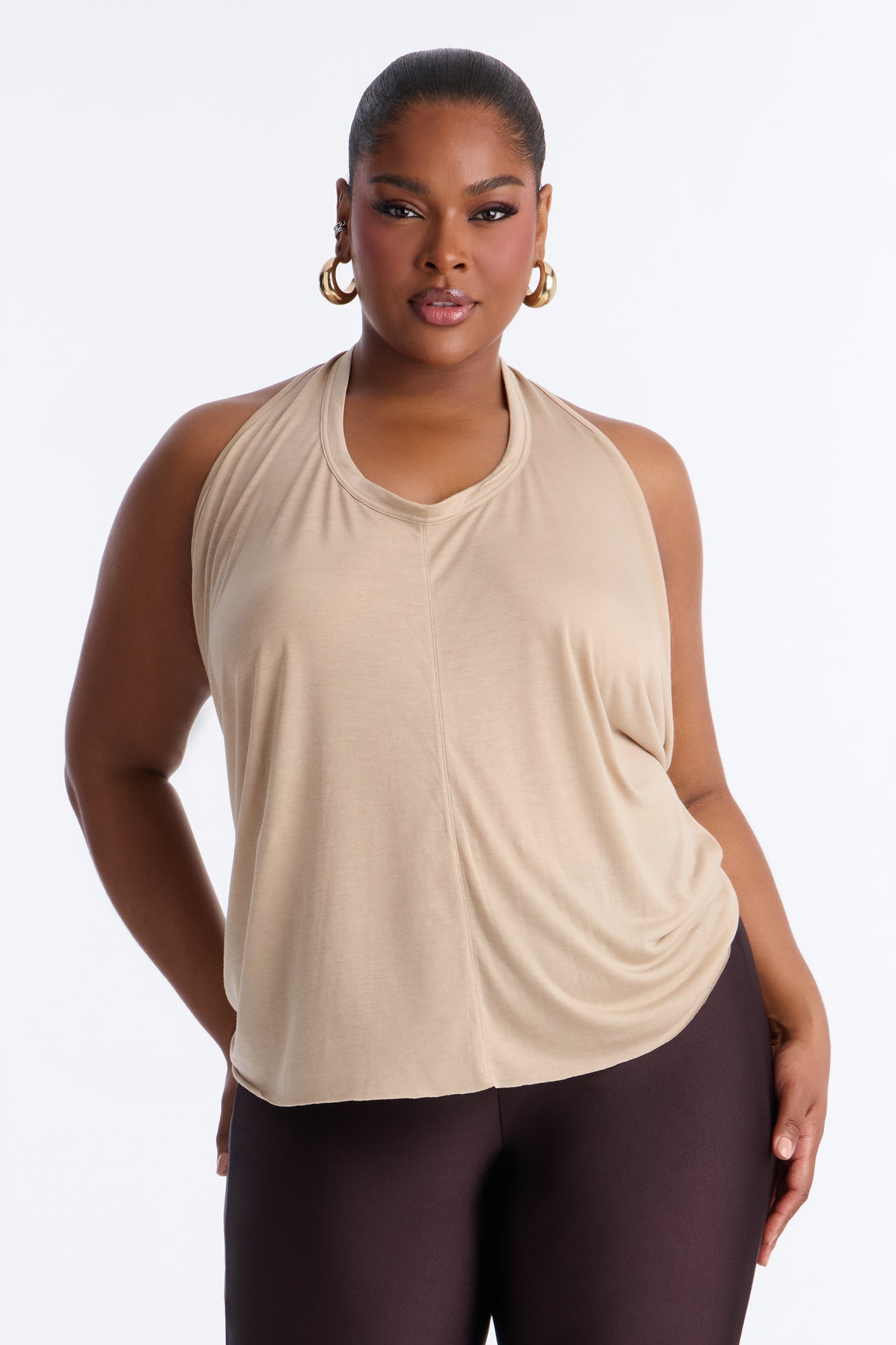 Cameron Sheer Scoop Neck Halter Top - Taupe