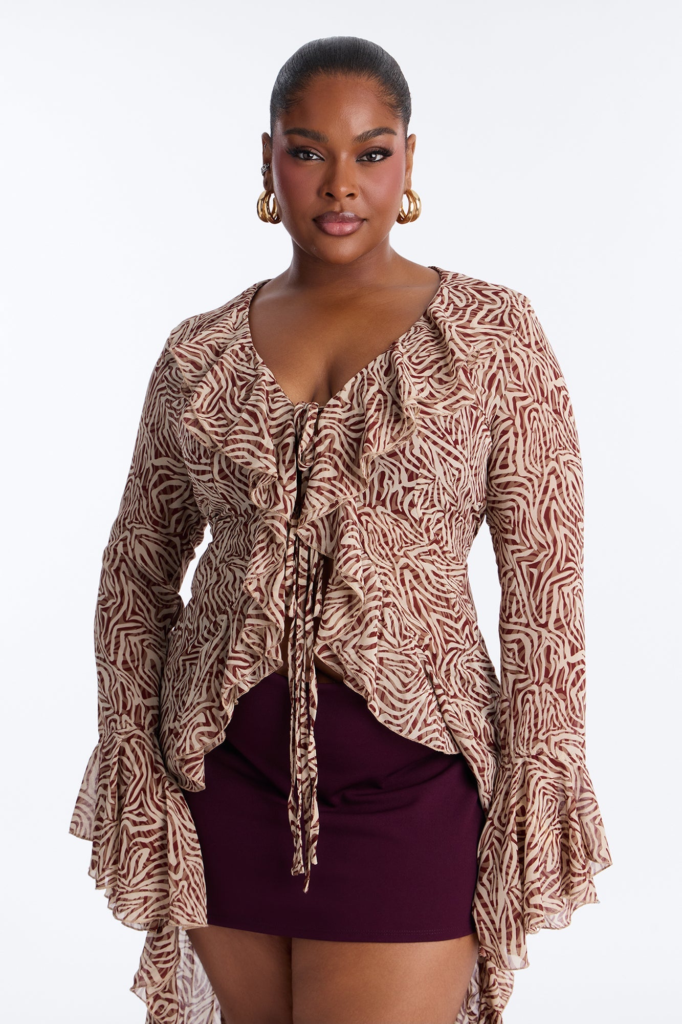 Leona Long Ruffle Chiffon Flyaway Top - Red/combo