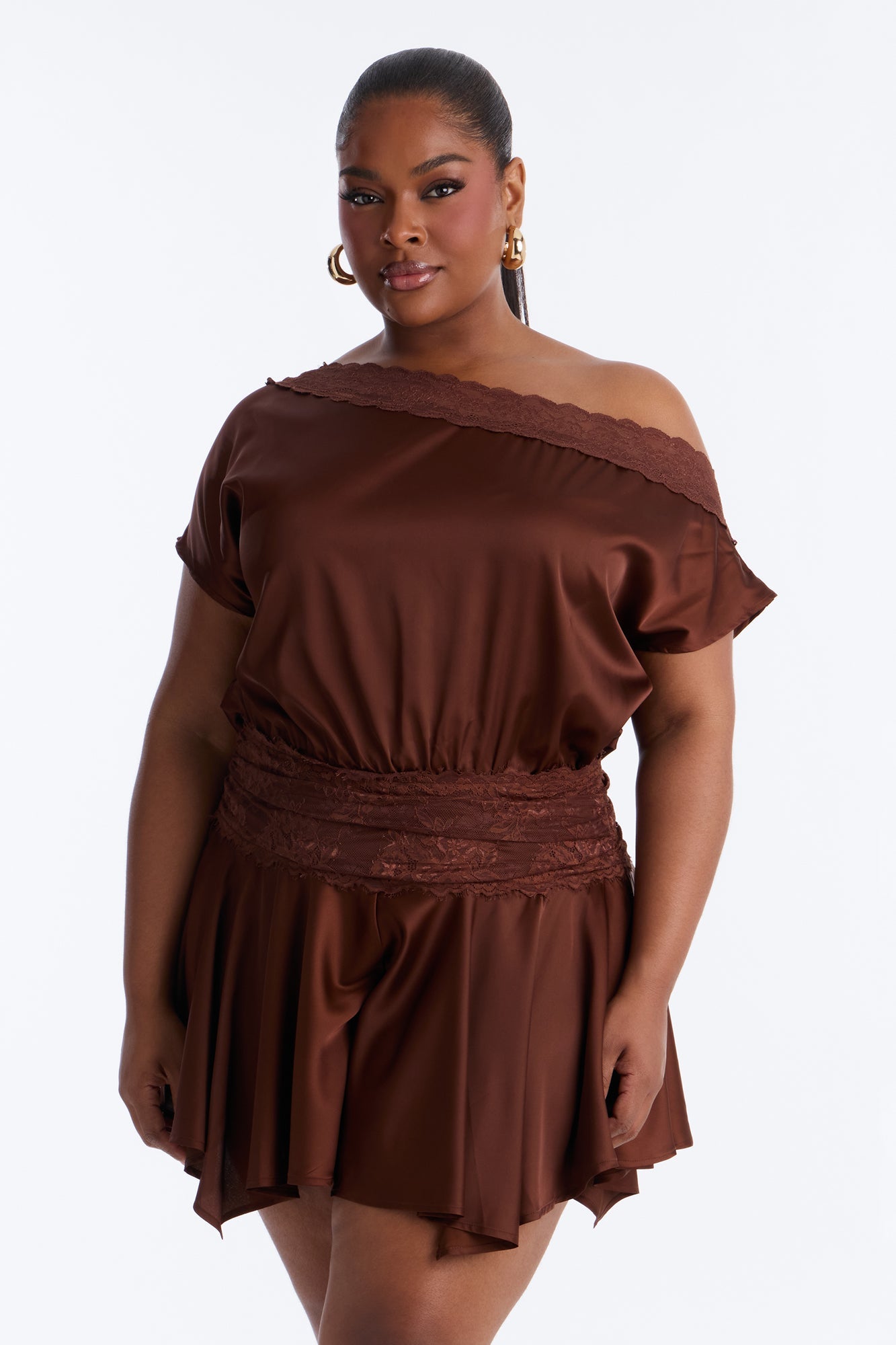 Irina Satin Off Shoulder Lace Romper - Chocolate