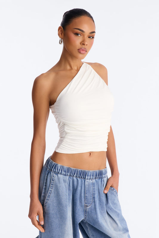 Kehlani One Shoulder Ruched Sleeveless Top - White