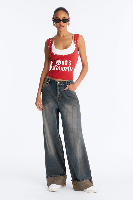 Never Basic Cuffed Wide Leg Jeans - Vintage Wash