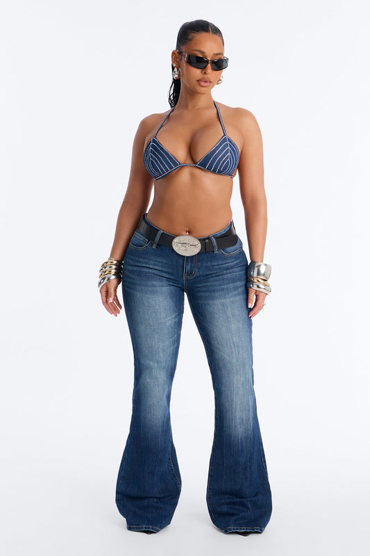 Bedazzled Everything Rhinestone Denim Bra Top - Dark Wash