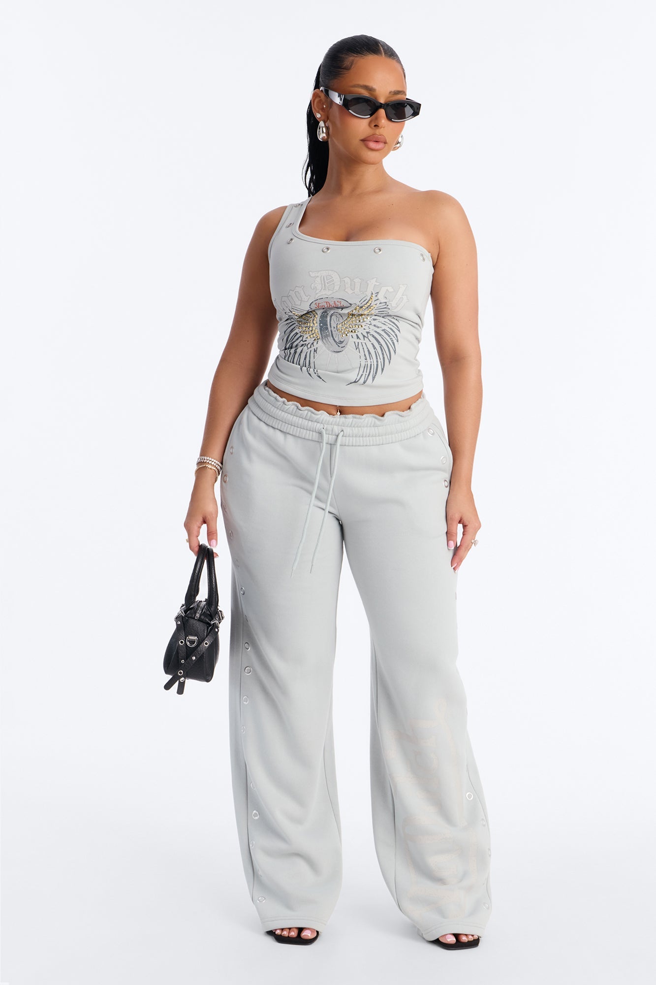 Von Dutch Rocker One Shoulder Studded Tank - Grey