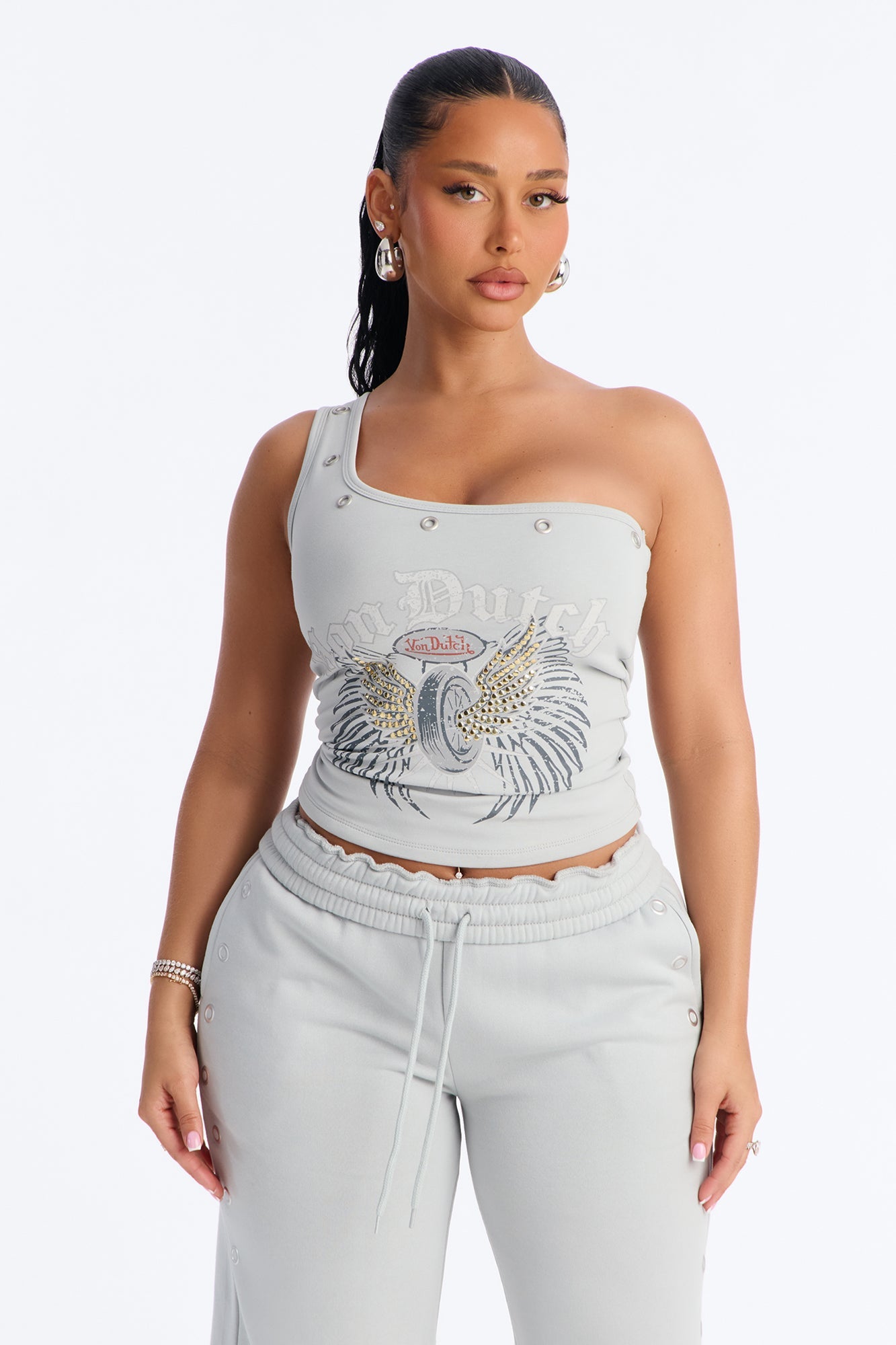 Von Dutch Rocker One Shoulder Studded Tank - Grey