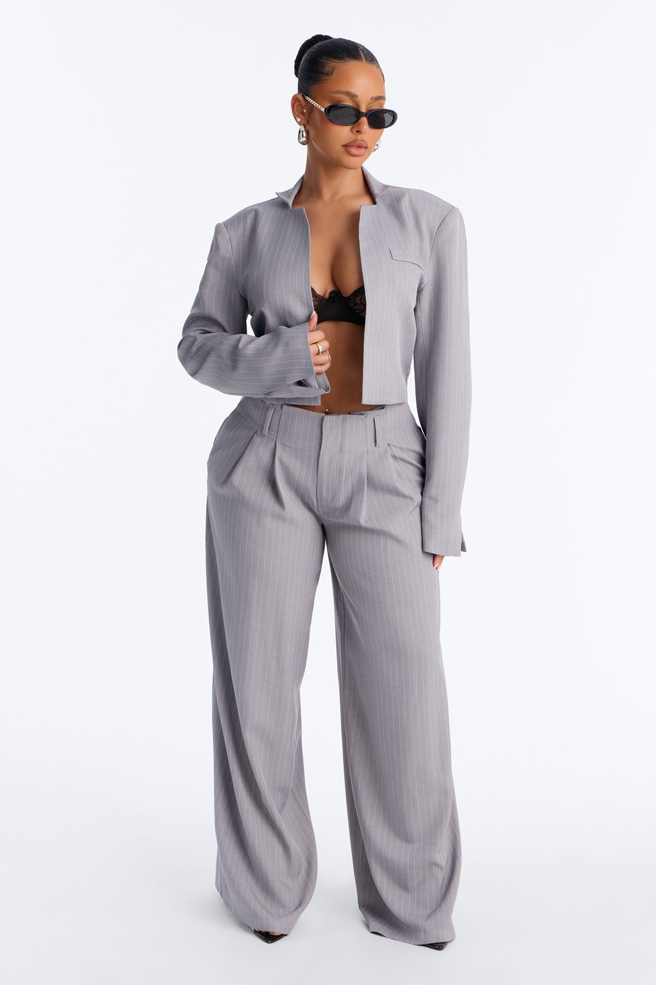 Ahmeira Cropped Pinstripe Blazer - Grey/combo Fashion Nova