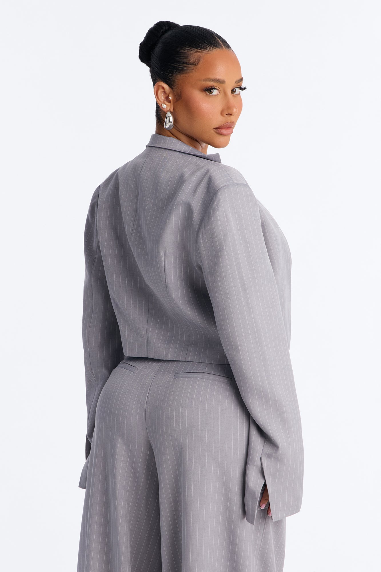 Ahmeira Cropped Pinstripe Blazer - Grey/combo Fashion Nova