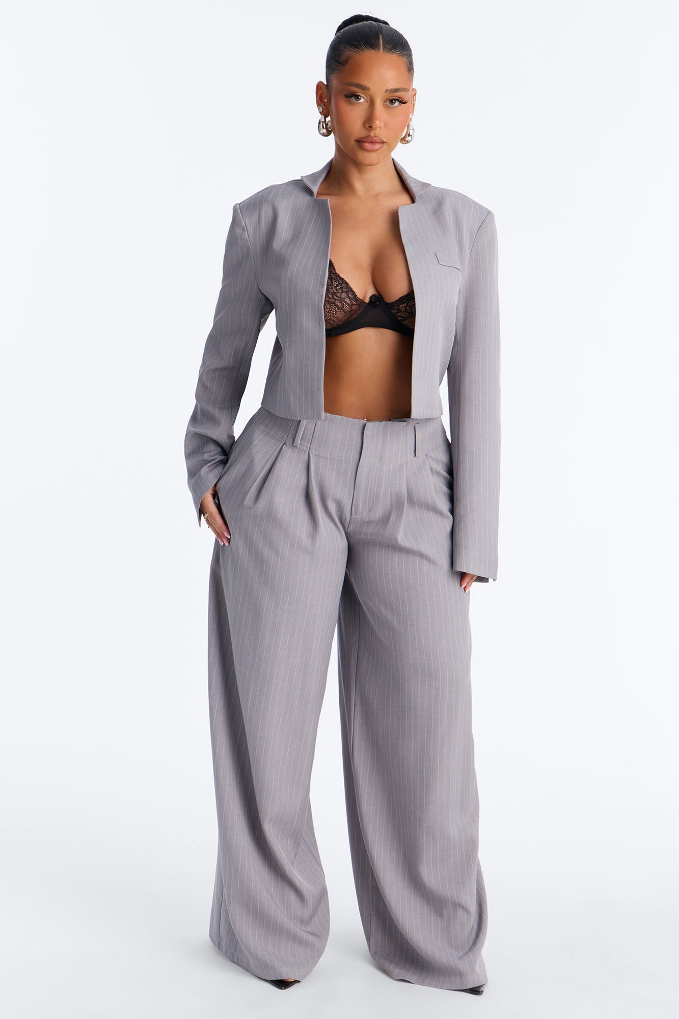 Ahmeira Pinstripe Wide Leg Trouser Pant - Grey/combo Fashion Nova