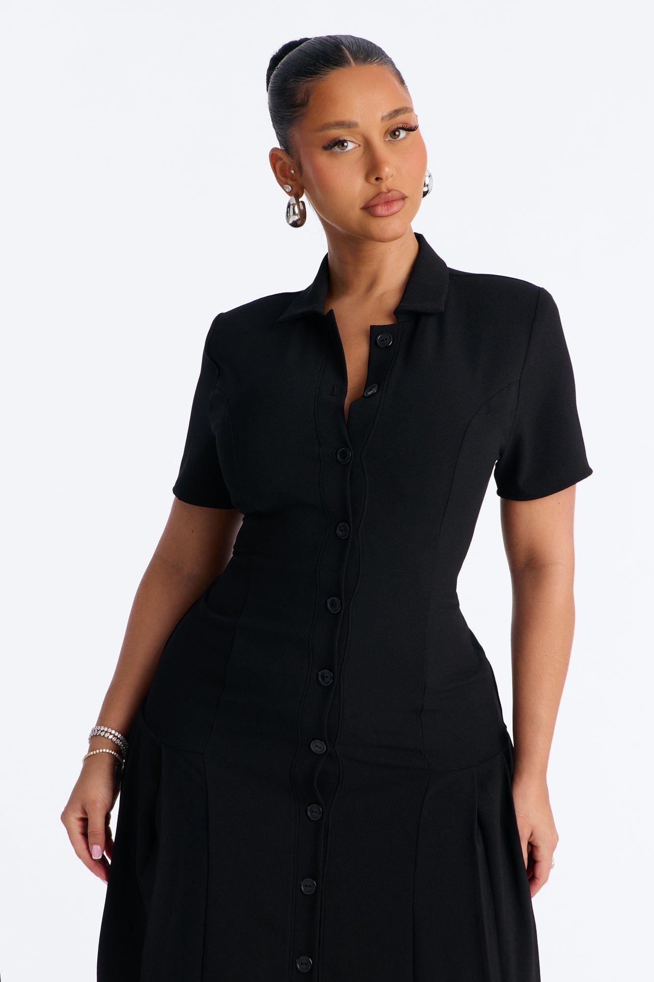 Delaney Button Up Pleated Midi Dress - Black