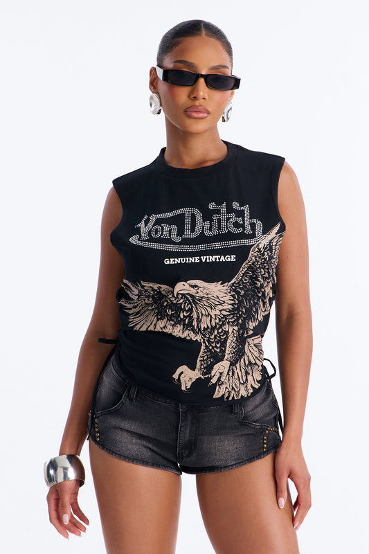 Von Dutch Rocker Rhinestone Grommet Tank Top - Black