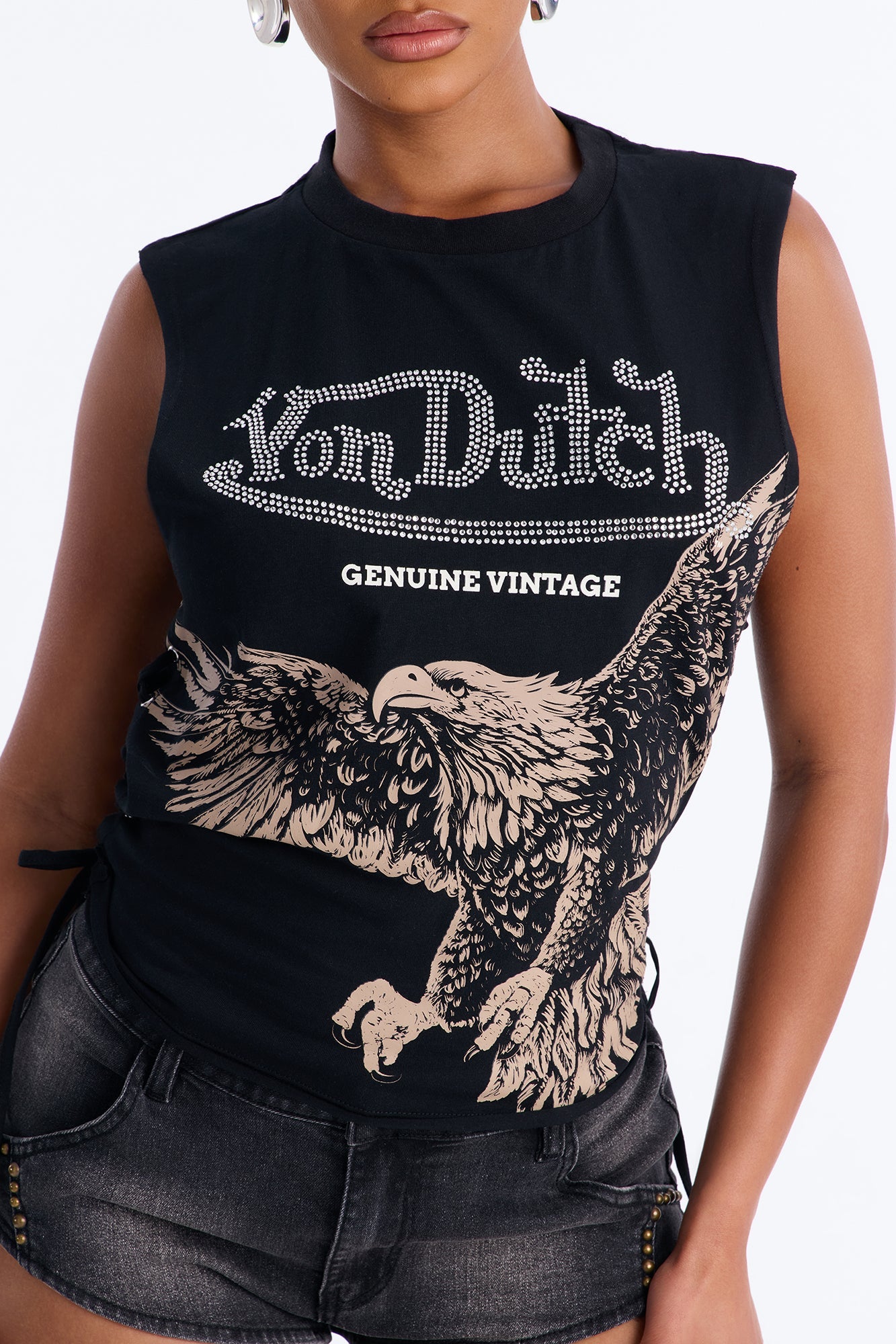 Von Dutch Rocker Rhinestone Grommet Tank Top - Black