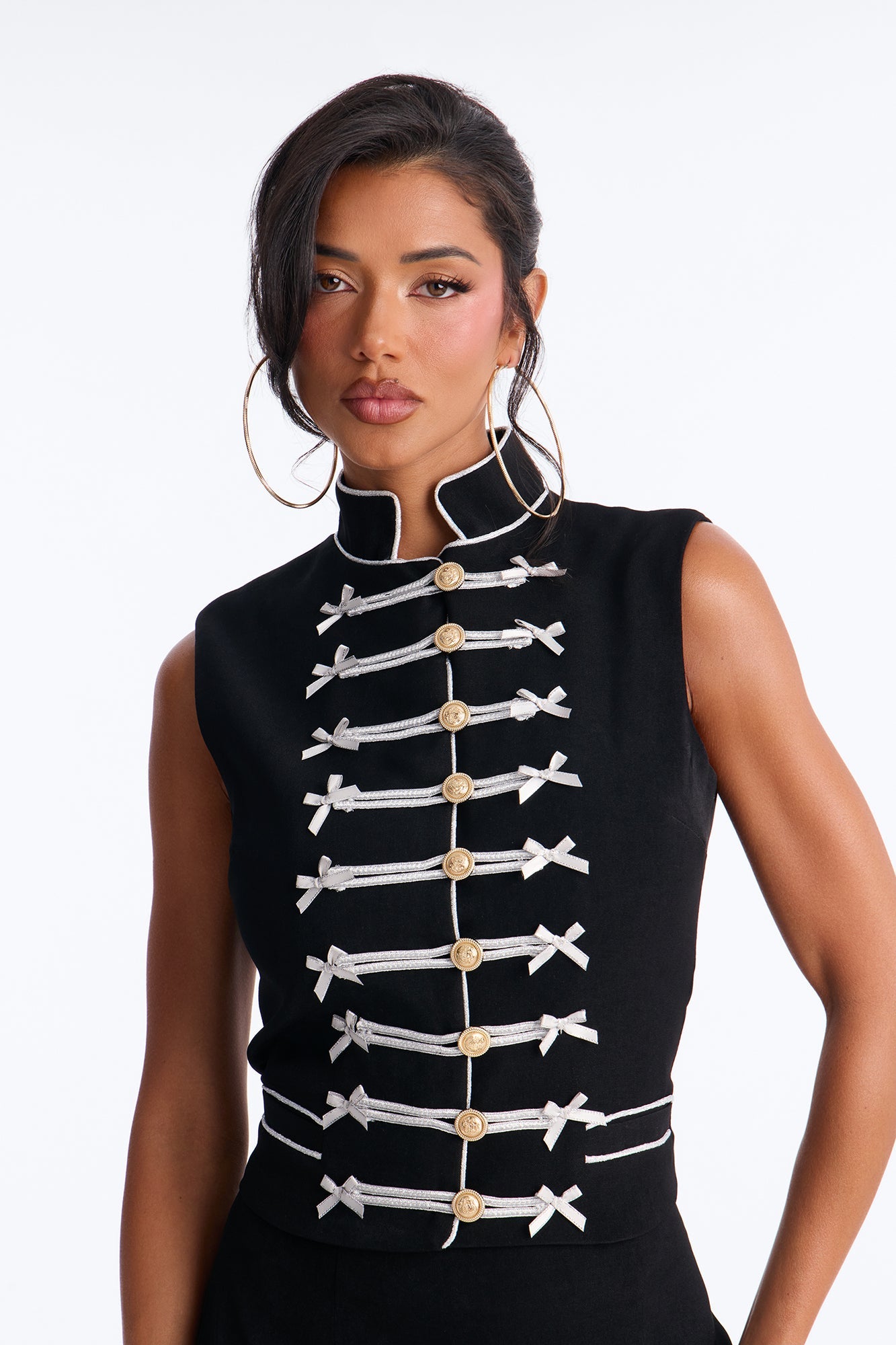 Regal Ribbon Button Up Skirt Set - Black