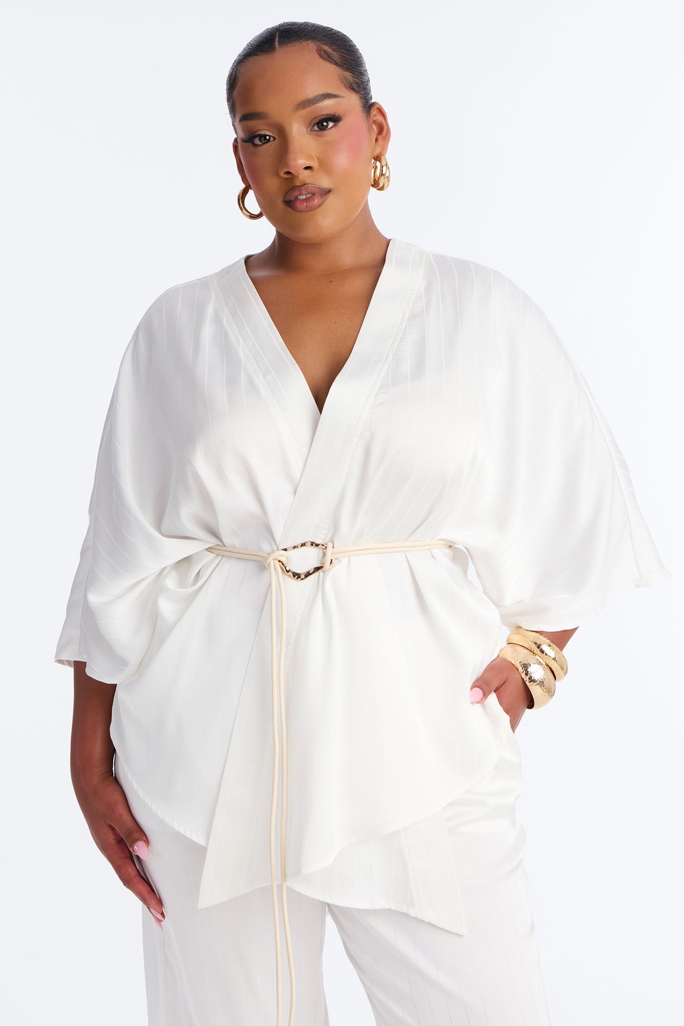 Draped In Elegance Satin 3 Piece Pant Set - Ivory