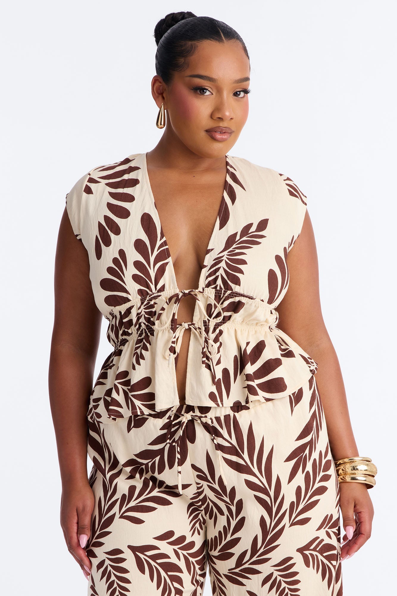 Soriana Linen Floral Pant Set - Brown Combo