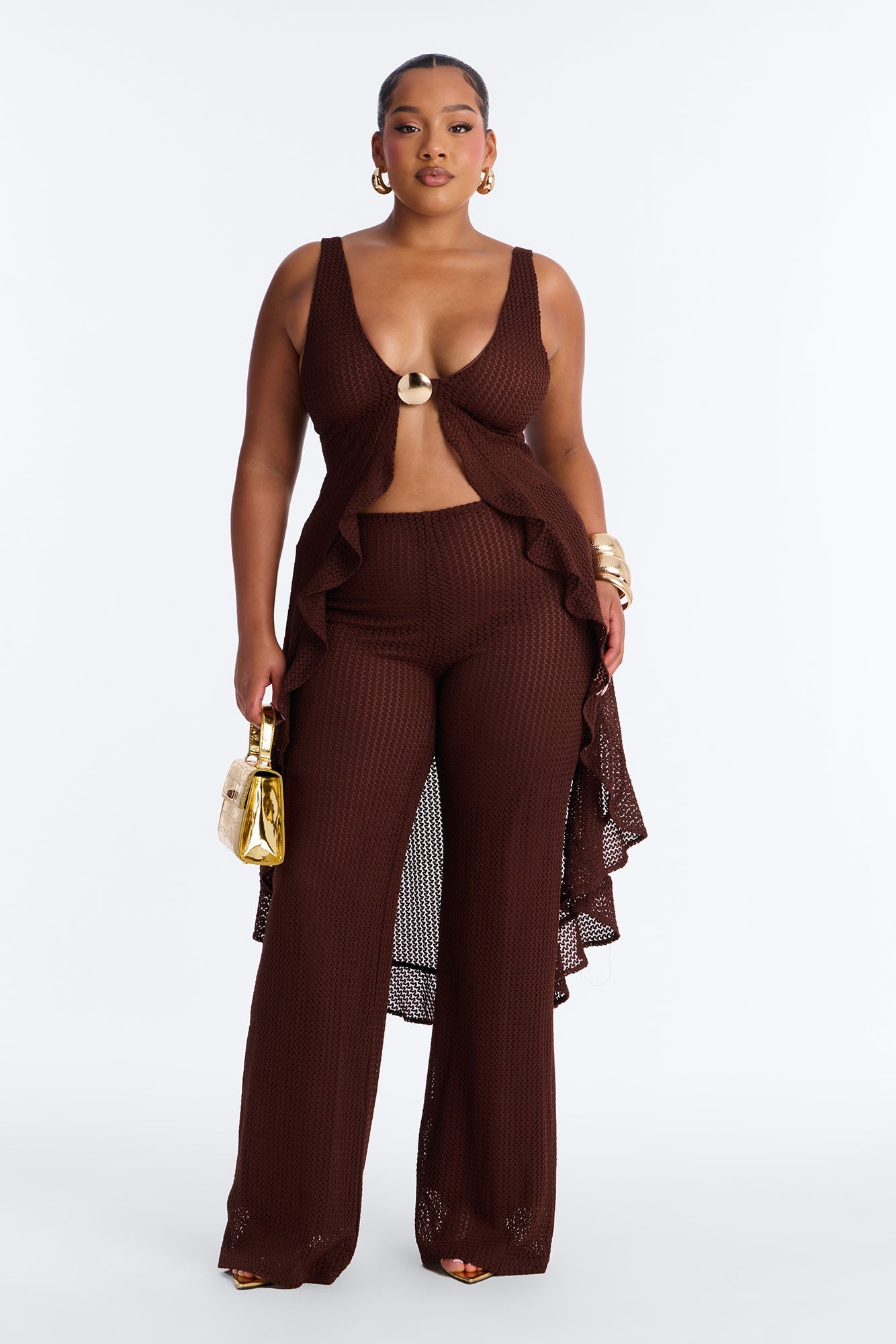 Jenni Flowy Crochet Pant Set - Chocolate