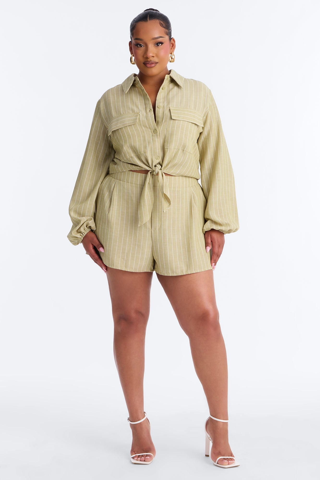 Kat Linen Button Up Short Set - Sage