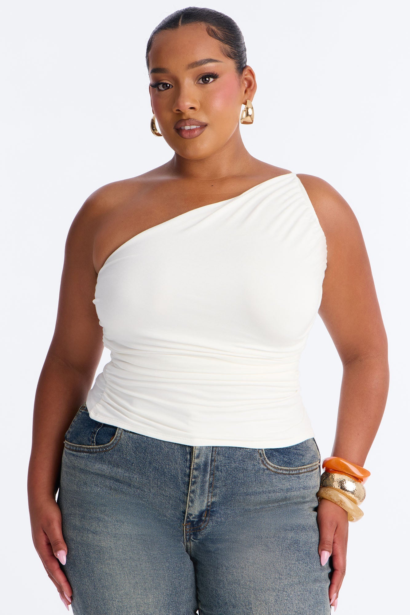 Kehlani One Shoulder Ruched Sleeveless Top - White