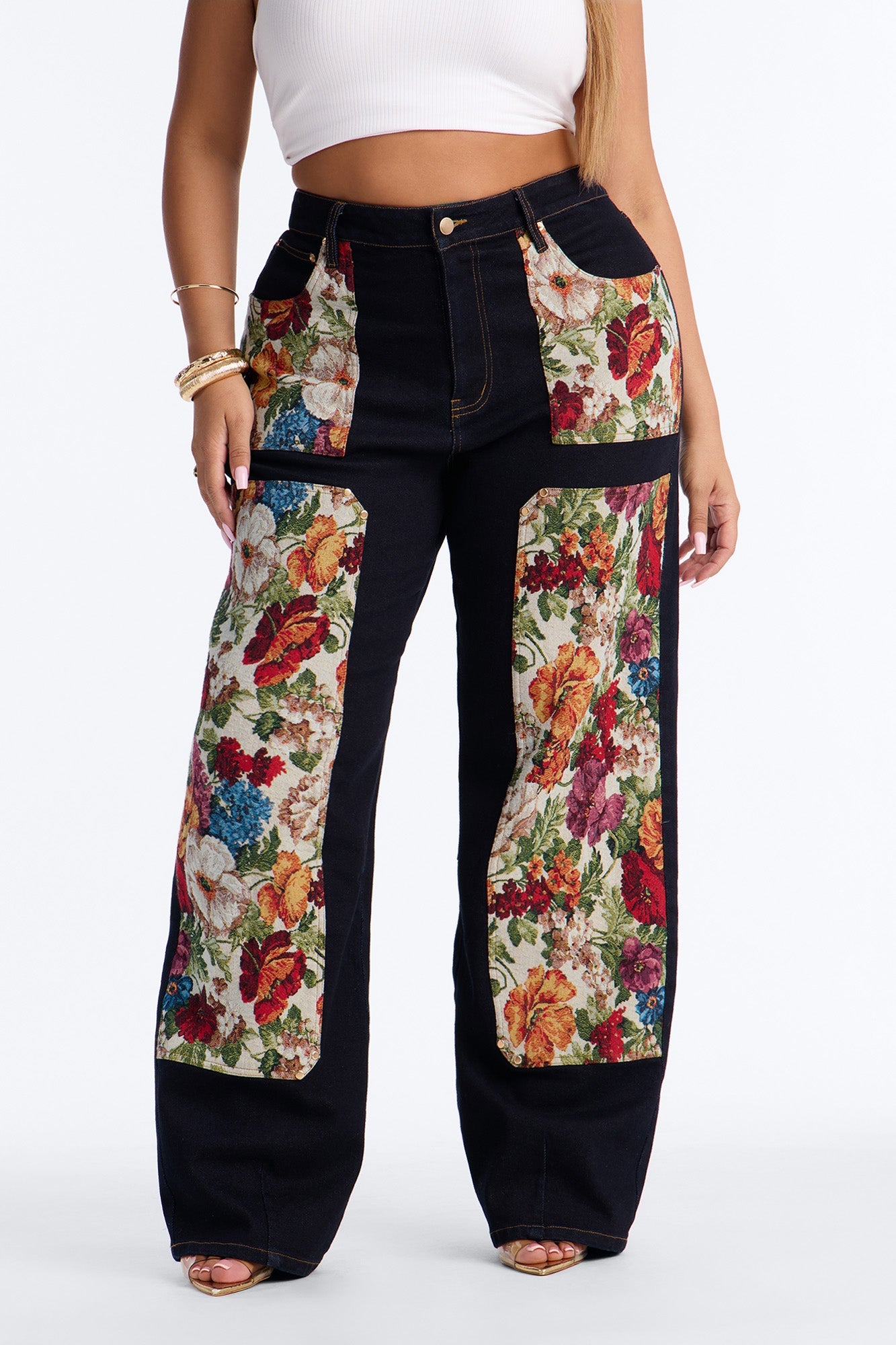 Heirloom Bloom Tapestry Utility Straight Leg Jeans - Dark Denim