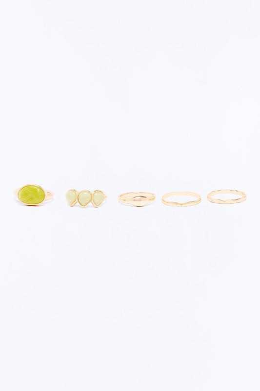 Helen Jeweled 5 Piece Ring Set - Gold/Green