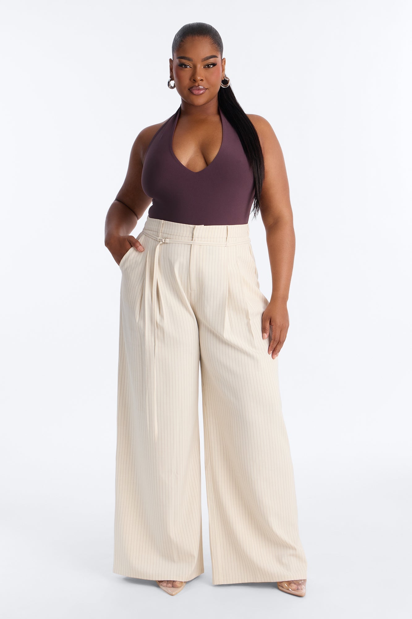 Old Money Feel Pinstripe Belted Trouser Pant 33″ - Beige