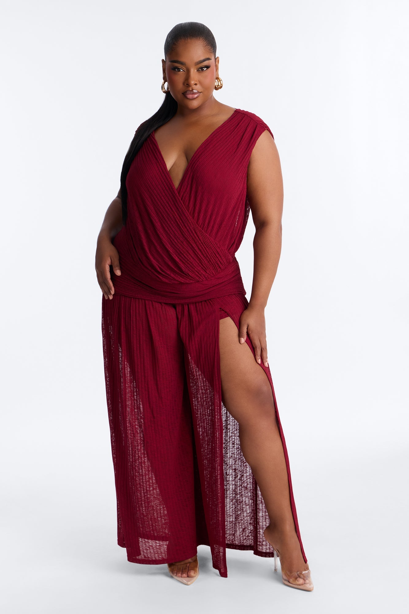 Romy Beaded Wide Leg Slit Jumpsuit - Wine