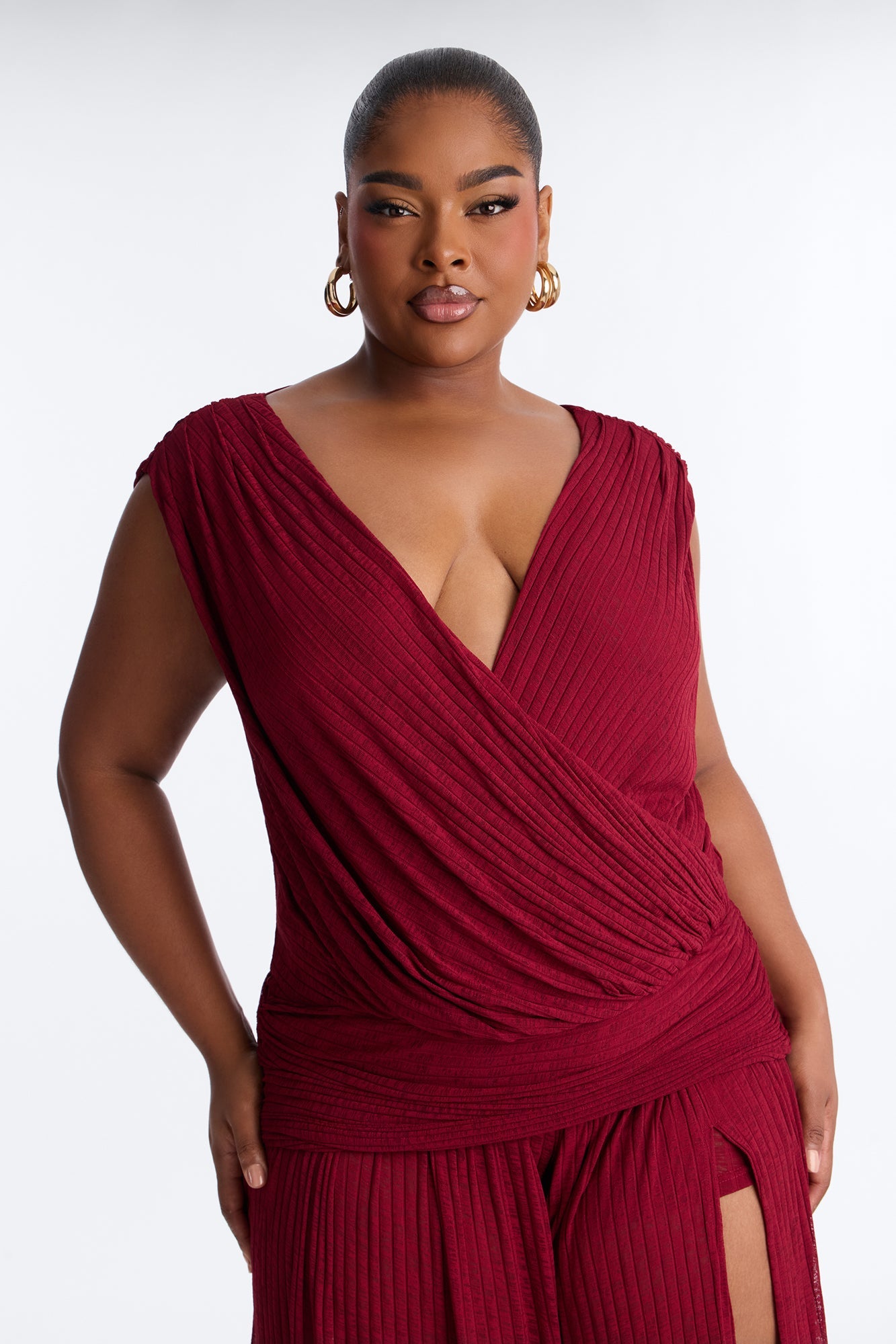 Romy Beaded Wide Leg Slit Jumpsuit - Wine