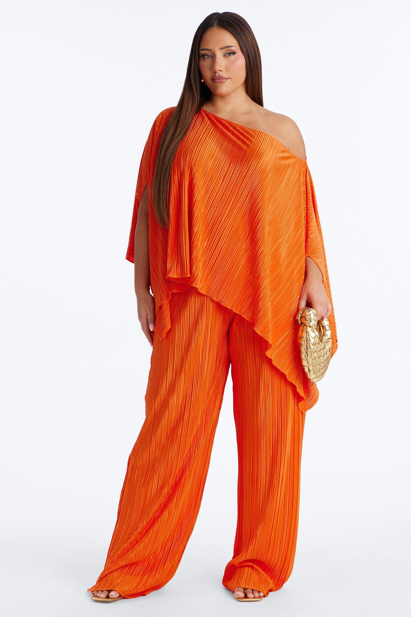 On The Horizon Off Shoulder Plisse Pant Set - Orange