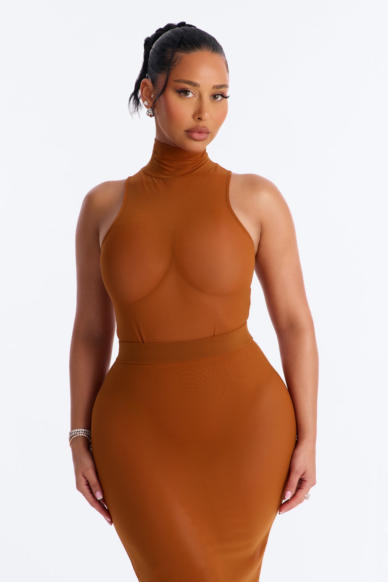Power Mesh Turtle Neck Sleeveless Bodysuit - Copper