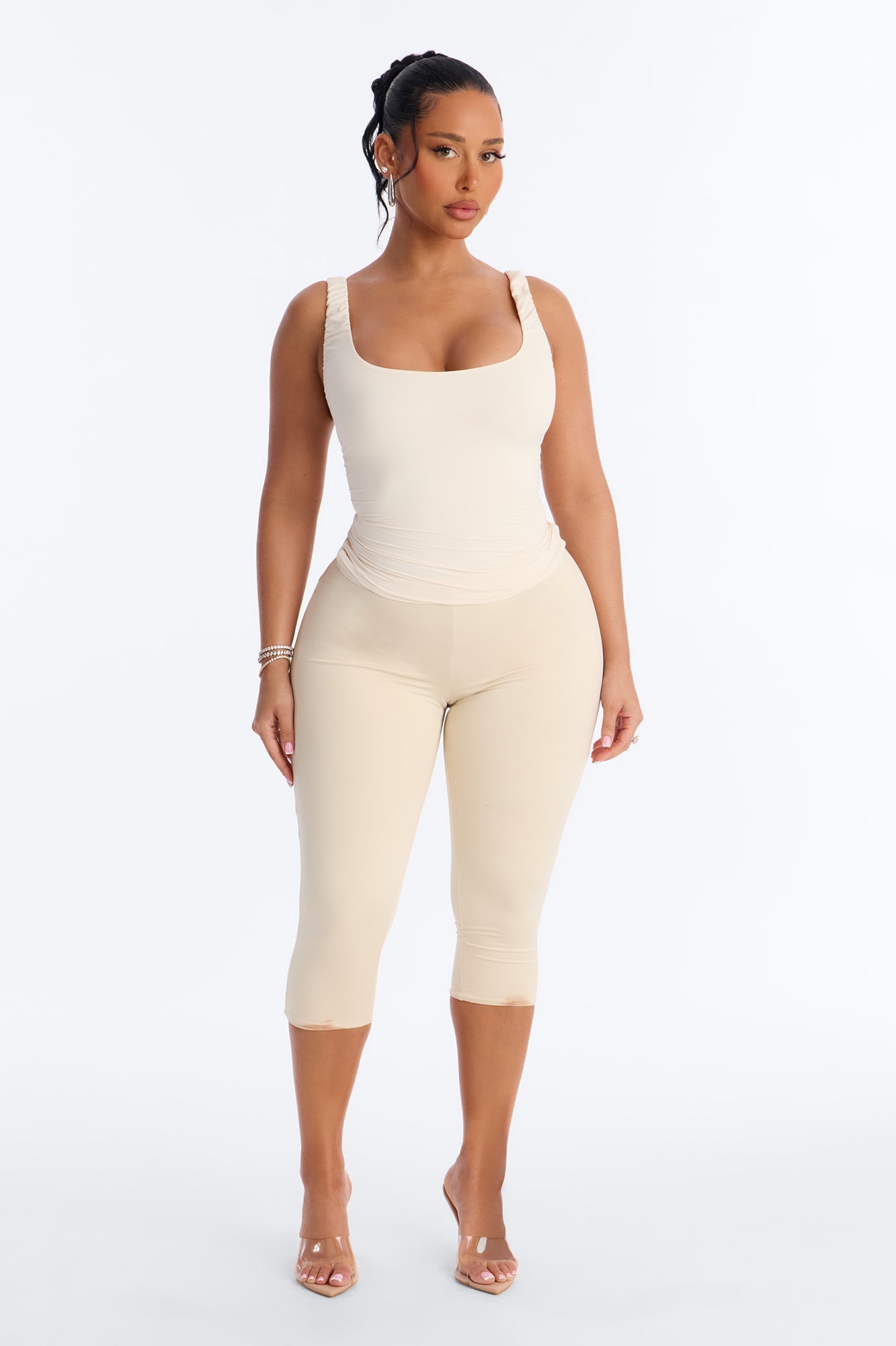 Second Skin Double Lined Scoop Neck Ruched Sleeveless Top - Bone