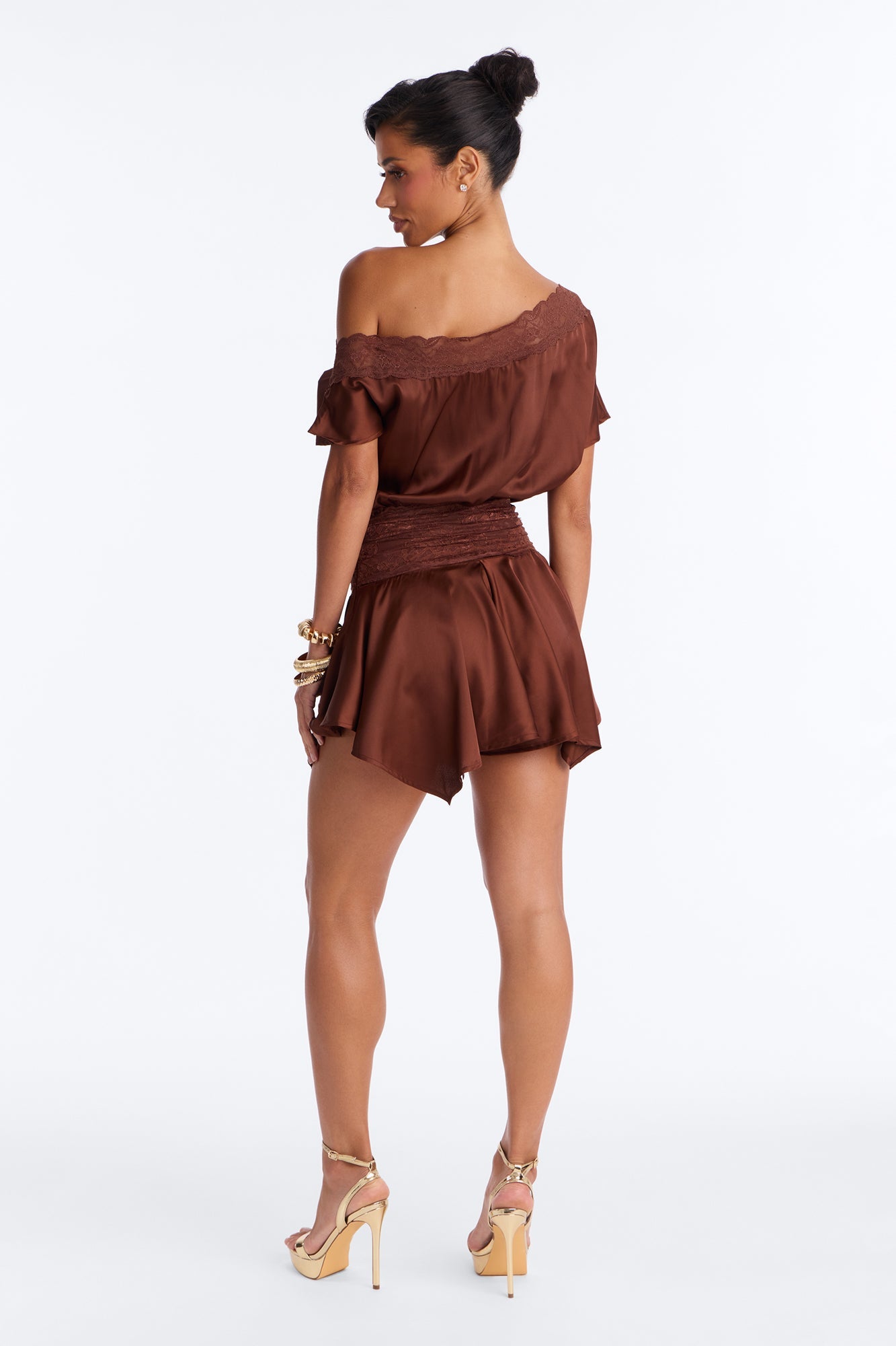 Irina Satin Off Shoulder Lace Romper - Chocolate