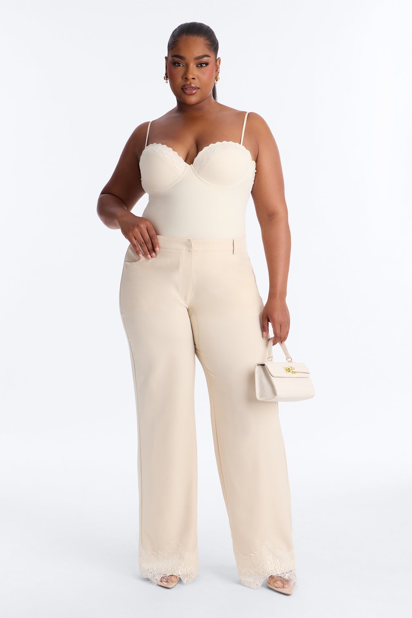 About You Lace Trim Straight Leg Trouser - Bone