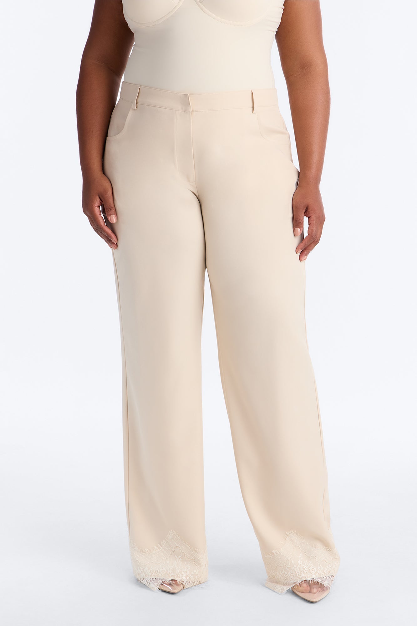 About You Lace Trim Straight Leg Trouser - Bone
