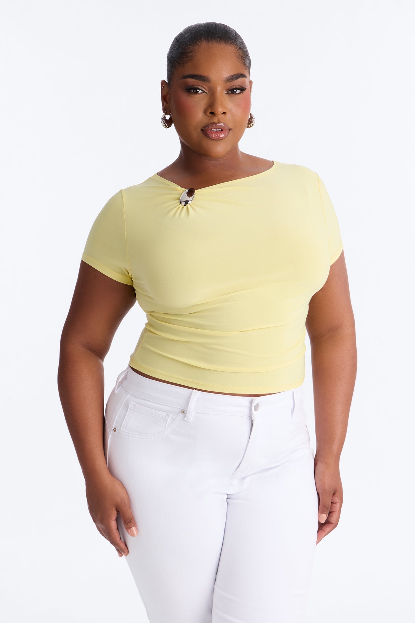 Lexi Hardware Asymmetrical Neck Short Sleeve Top - Butter Yellow