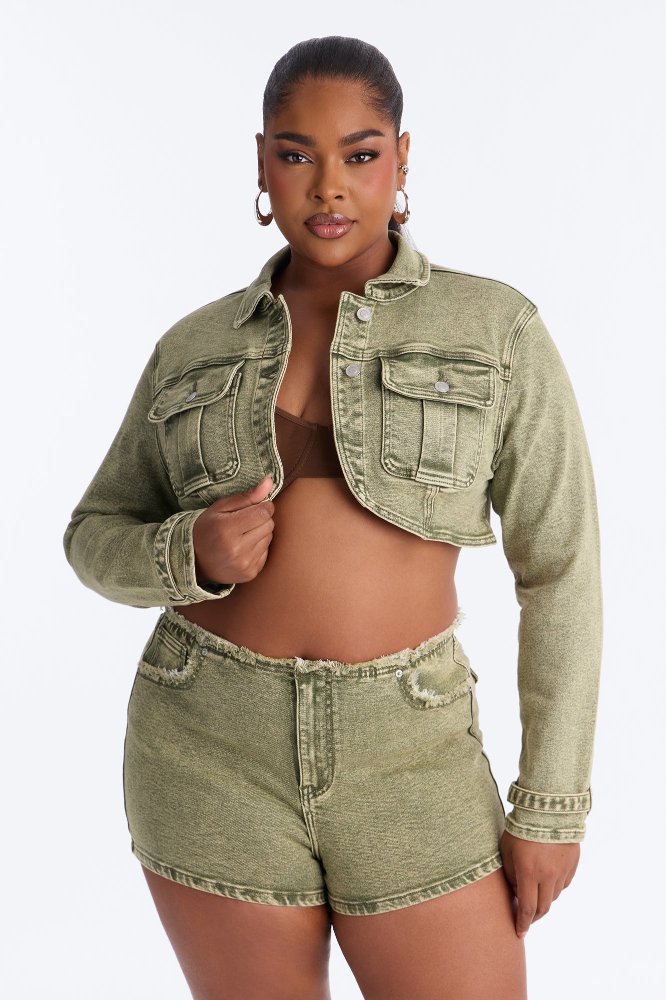 Highly Motivated Stretch Denim Bolero Jacket - Olive