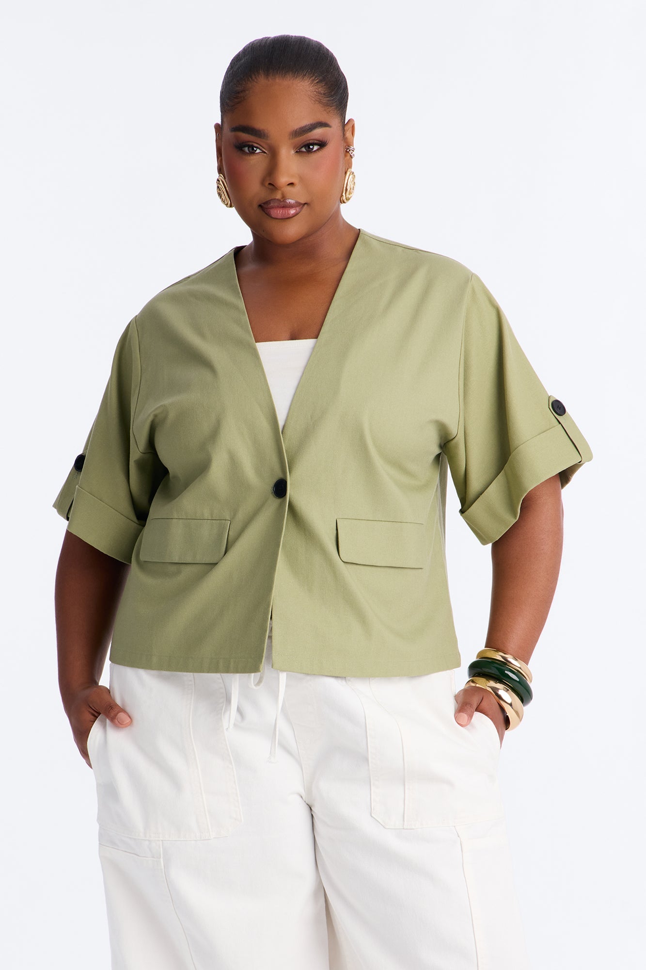 Ready When You Are Cuffed Linen Top - Olive