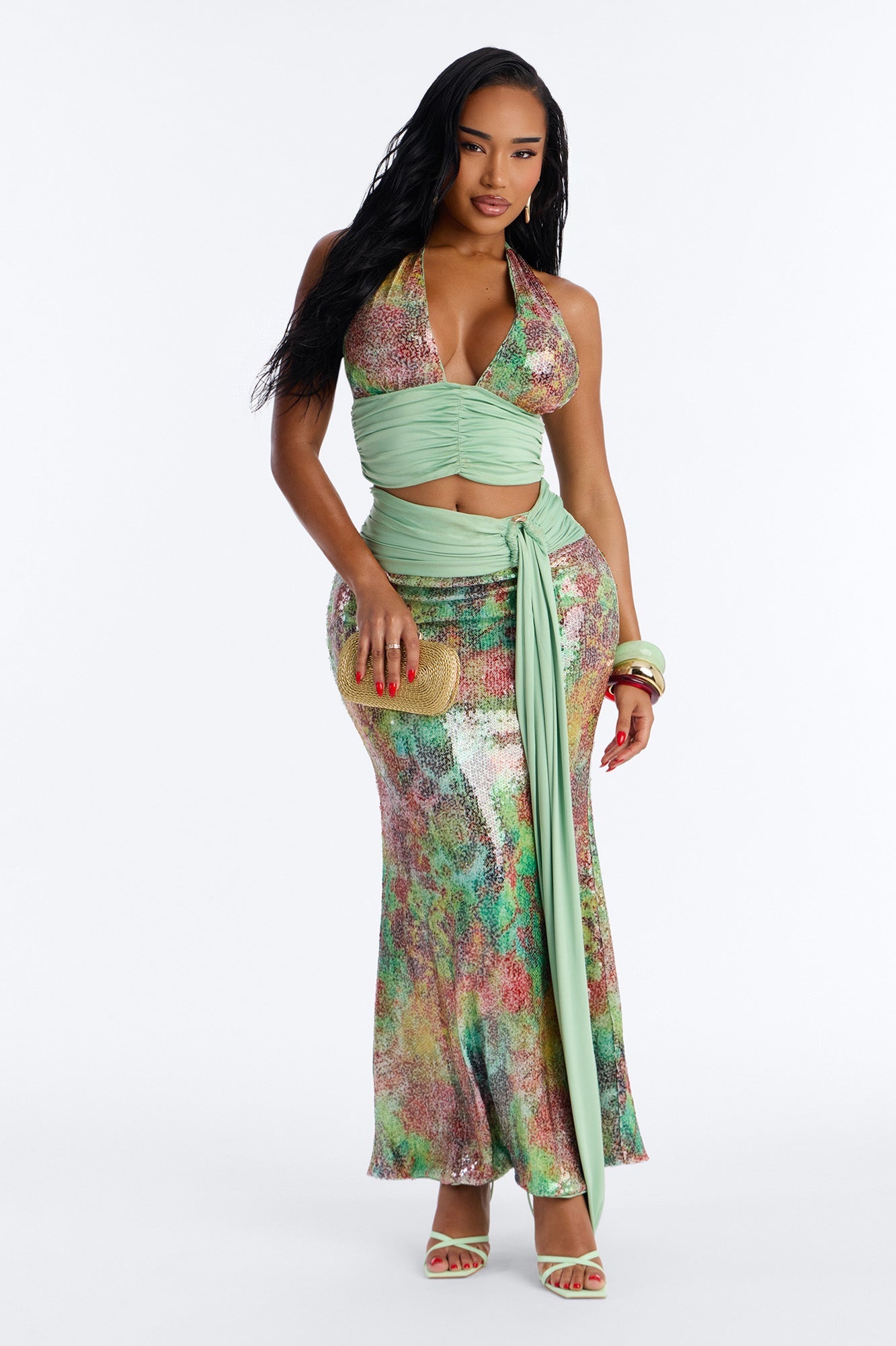 Into The Tropics Halter Sequin Skirt Set - Multi Color