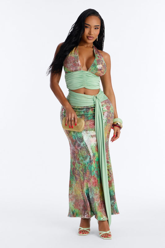 Into The Tropics Halter Sequin Skirt Set - Multi Color