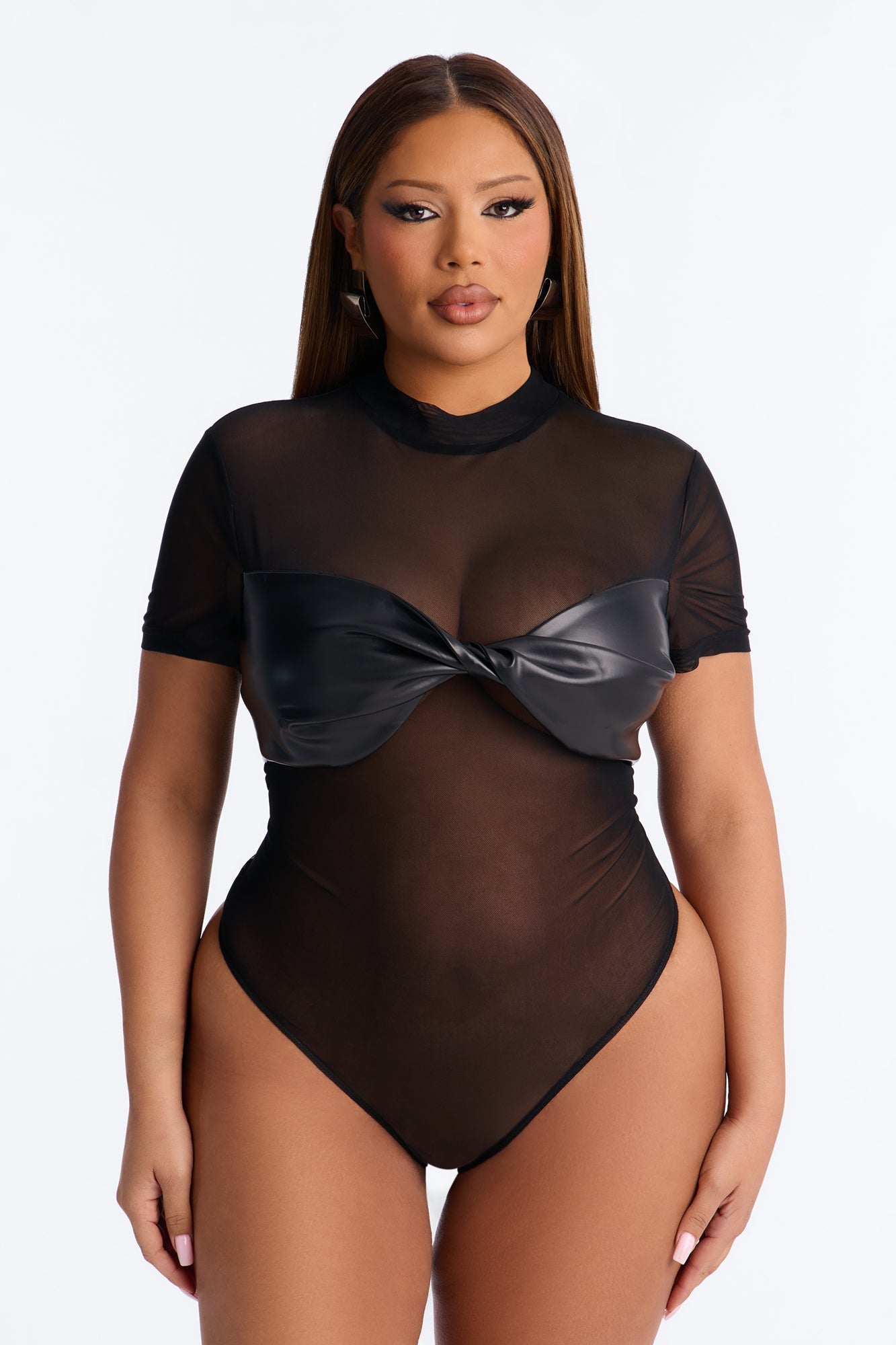 Best Of Luck Short Sleeve Twist Mesh Bodysuit - Black