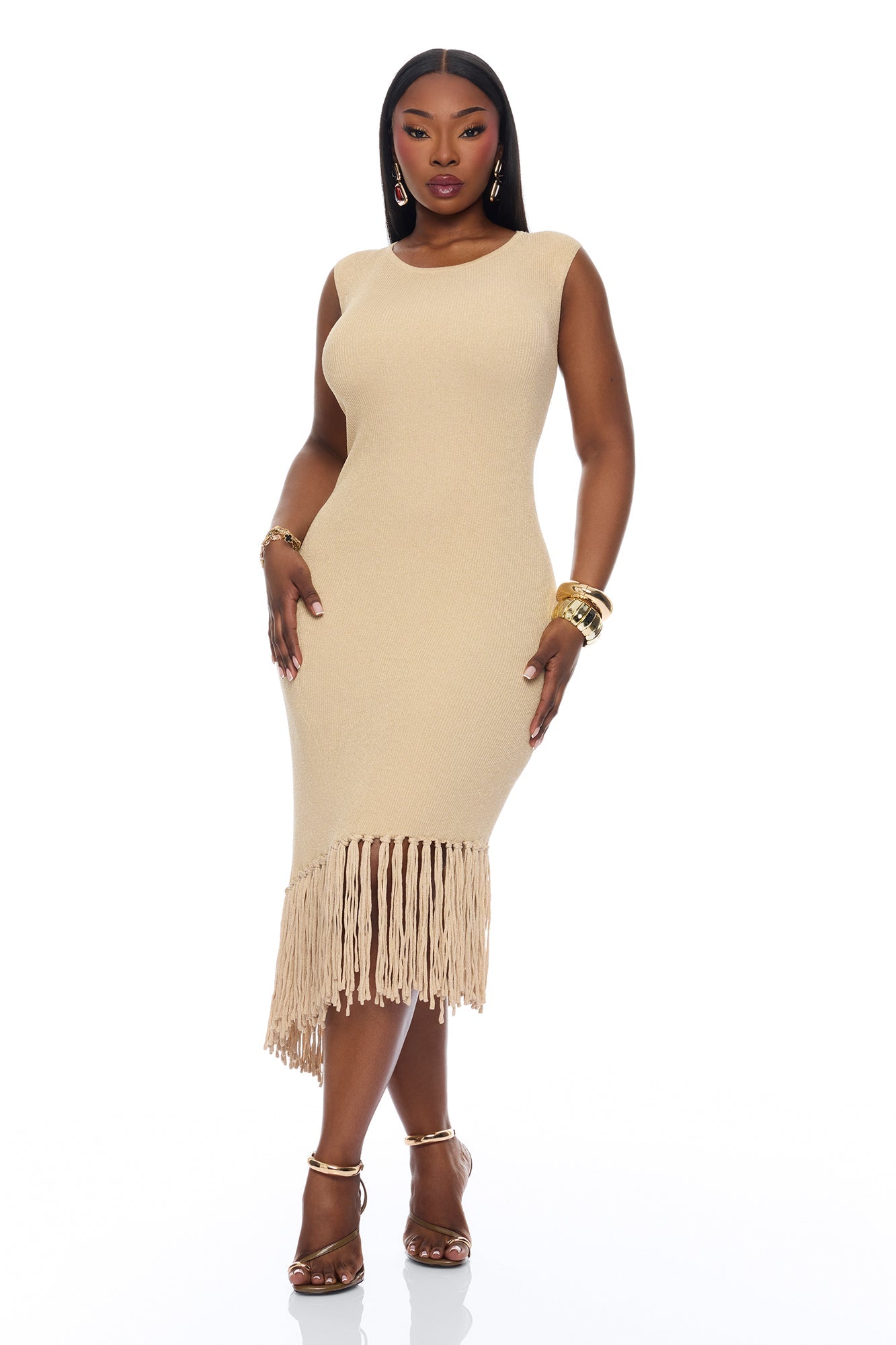 Mariah Fringe Metallic Knit Midi Dress - Gold