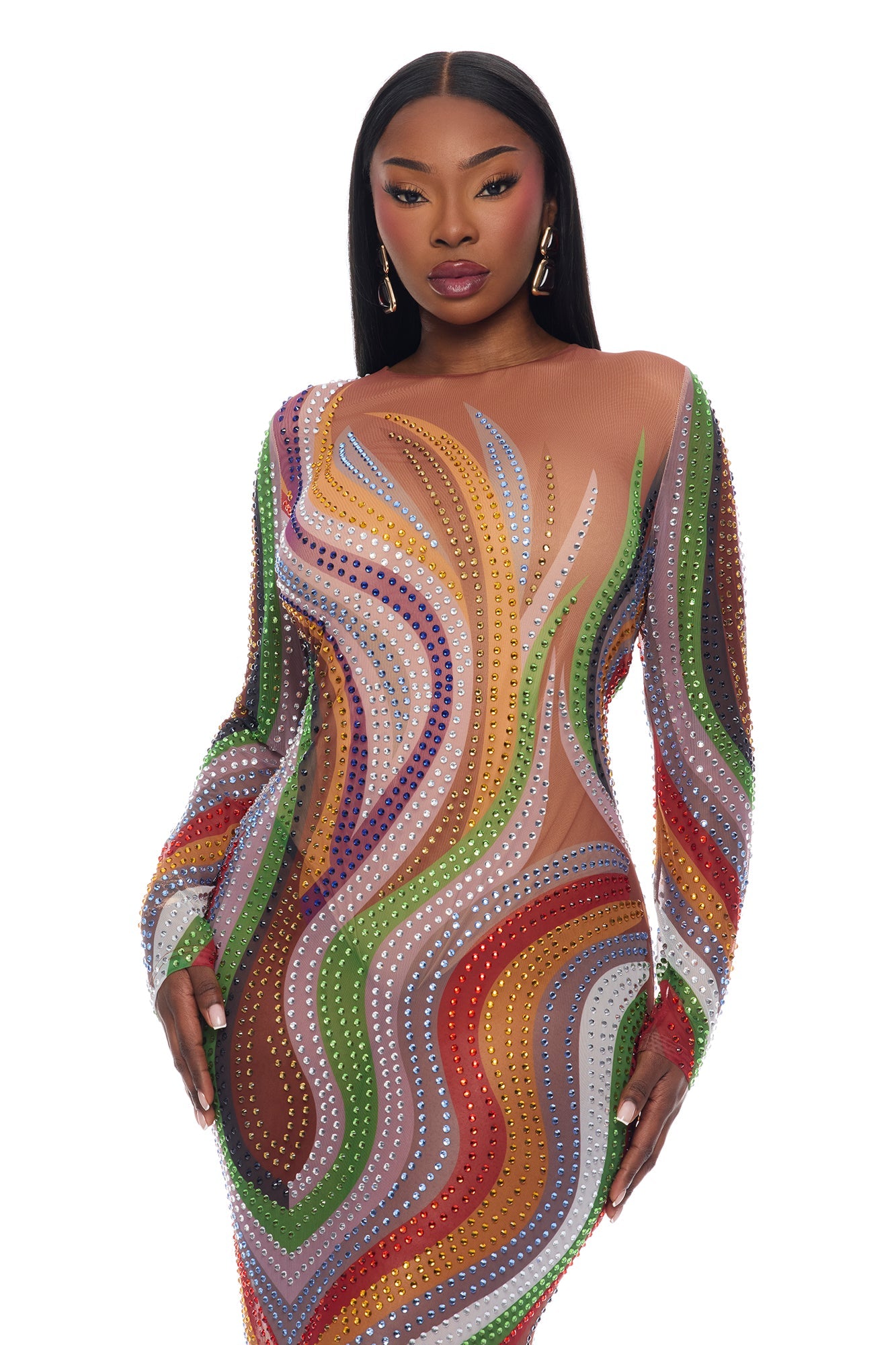 Zarah Long Sleeve Rhinestone Midi Dress - Multi Color