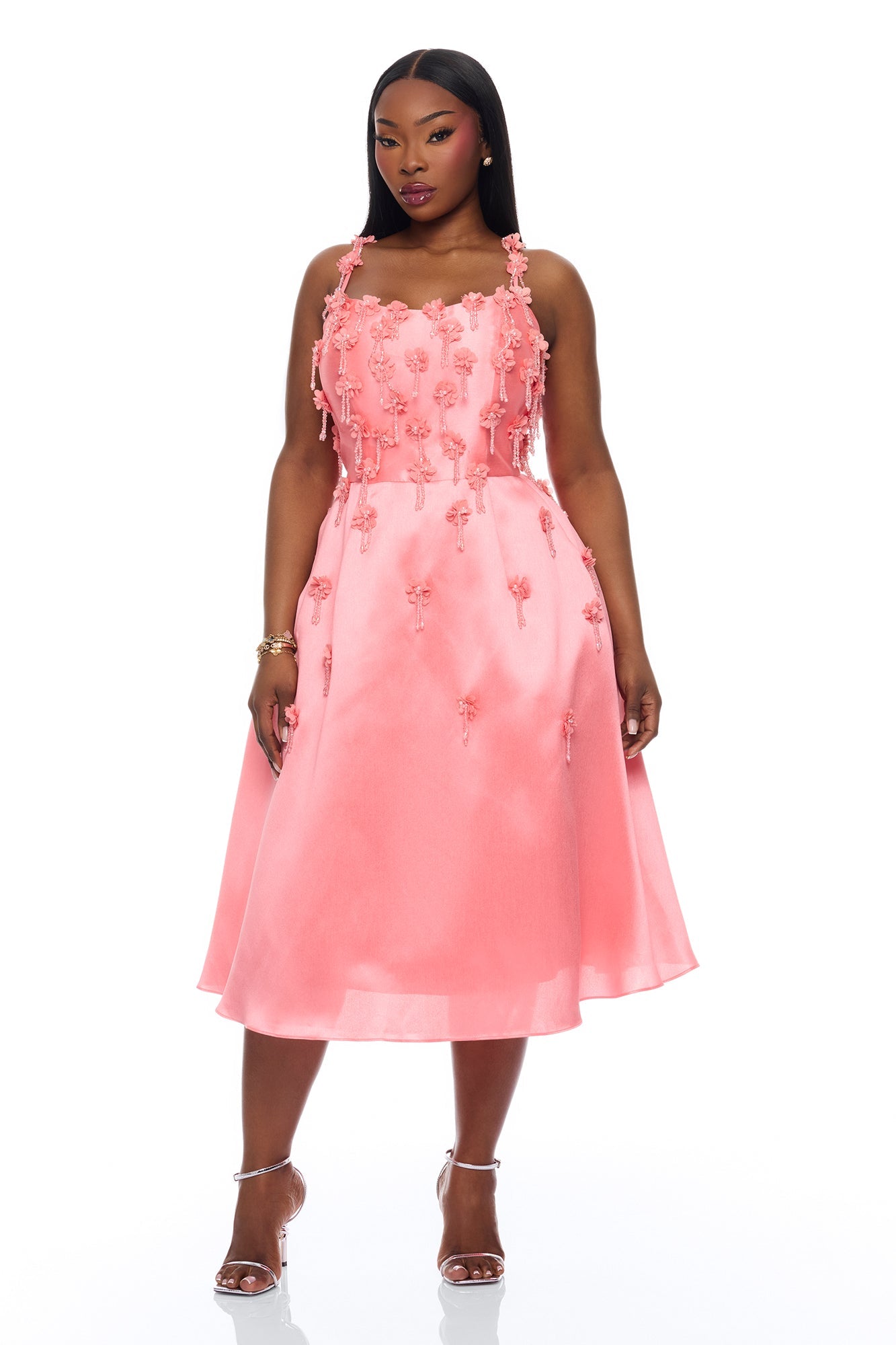 Eternal Bloom Taffeta Midi Dress - Coral