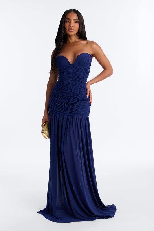 Soft Glam Ruched Mesh Gown - Navy