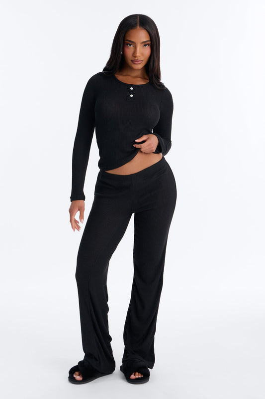 Slumber Haven Ribbed Long Sleeve PJ Pant Set - Black